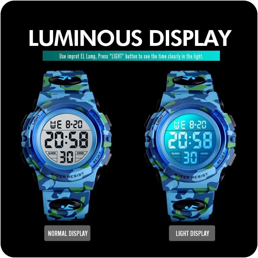 Dayllon Kids Digital Watch Boys Outdoor Sports 50M Waterproof Girls Watches Alarm Clock 12/24 H Stopwatch Calendar for Ages 3-15 Boy Girl Wristwatch Kids Gift