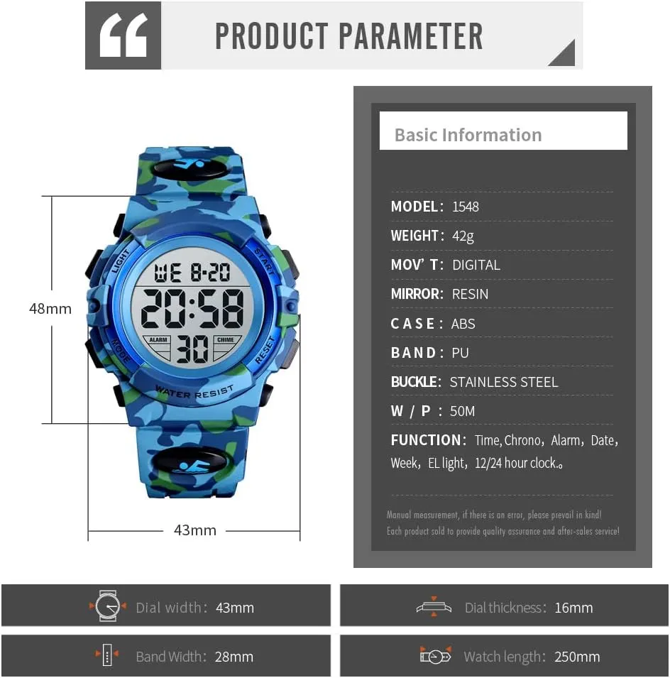 Dayllon Kids Digital Watch Boys Outdoor Sports 50M Waterproof Girls Watches Alarm Clock 12/24 H Stopwatch Calendar for Ages 3-15 Boy Girl Wristwatch Kids Gift