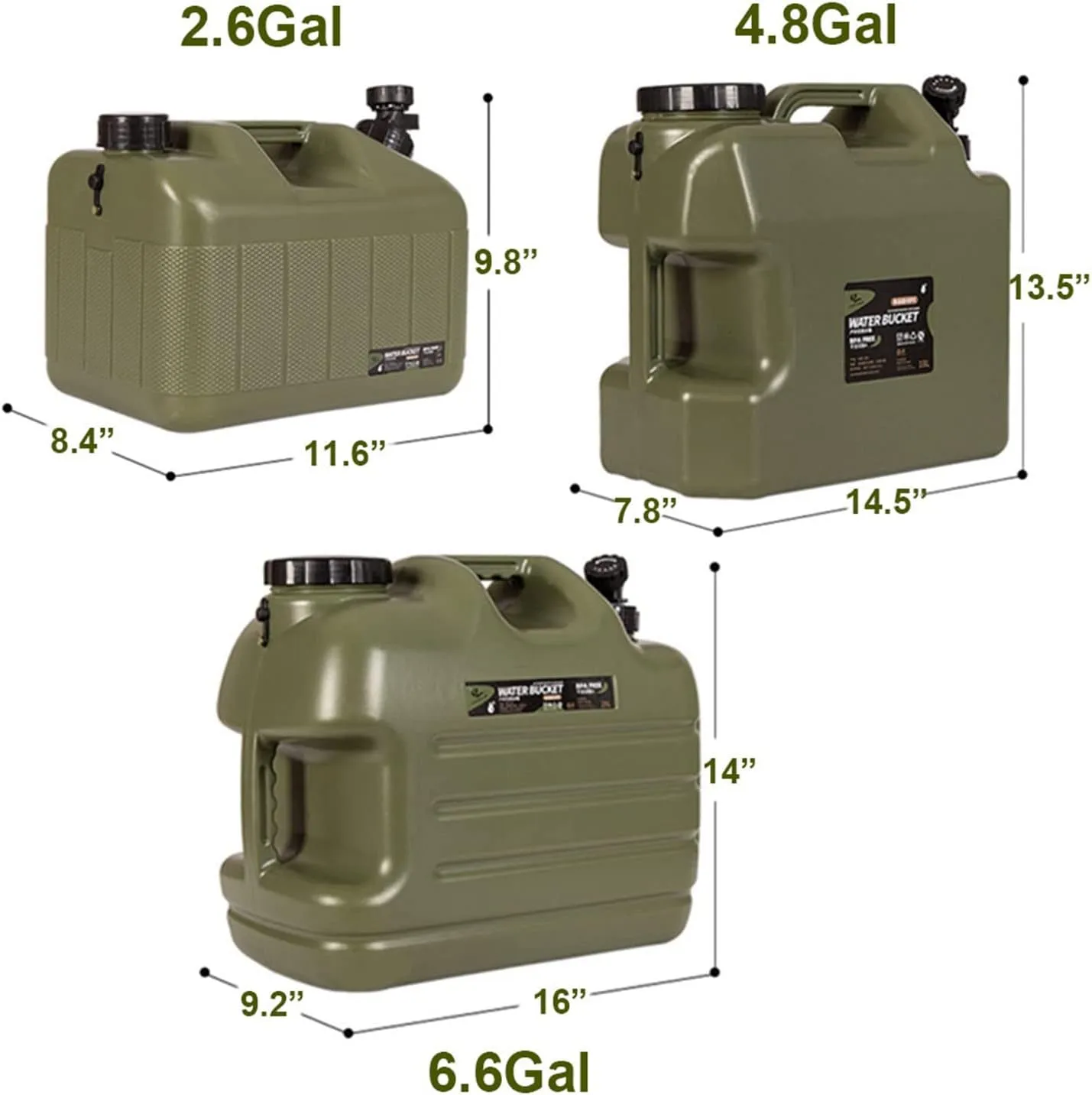DESERT & FOX Water Container with Spigot 2.6/4.8/6.6Gal PE Water Storage Carrier Portable Green Bucket for Camping Hiking Picnic BBQ(Green 2.6Gal)
