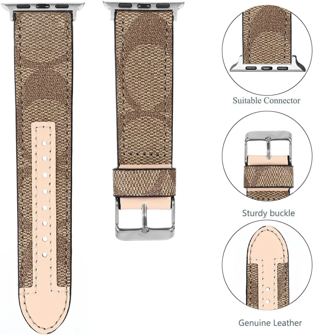Designer Band Compatible with Apple Watch Band 38mm 40mm 41mm 42mm 44mm 45mm 46mm 49mm Men Women, Luxury Genuine Leather Replacement Wristbands Strap for iWatch 10 9 8 Apple Watch Series 7/6/5/4/3/2/1/SE