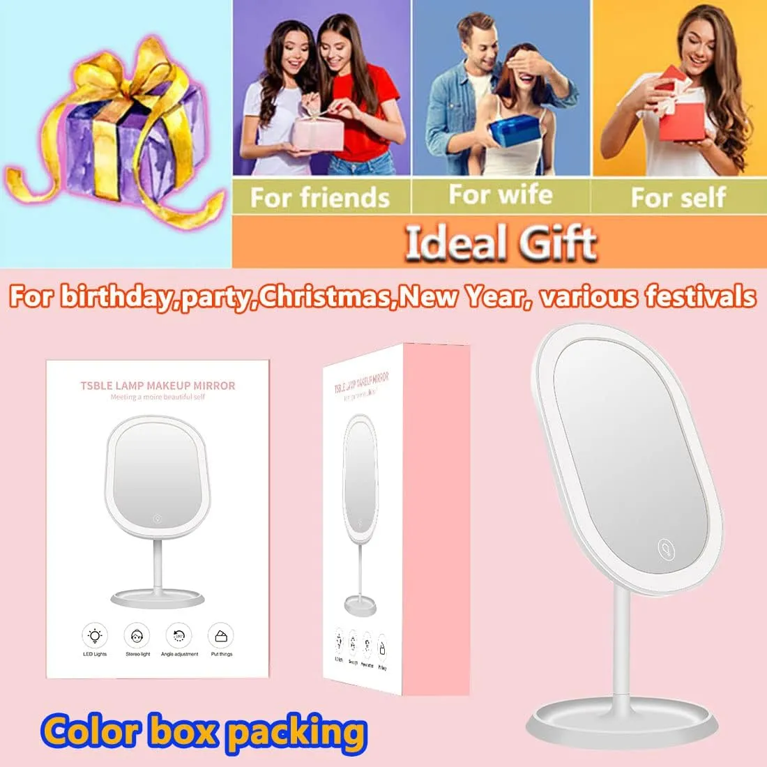 Desk LED Makeup Mirror with Lights Handheld Portable for Home Décor Office Bedroom- Ideal Gift for Women Girls - White - Pack of 1