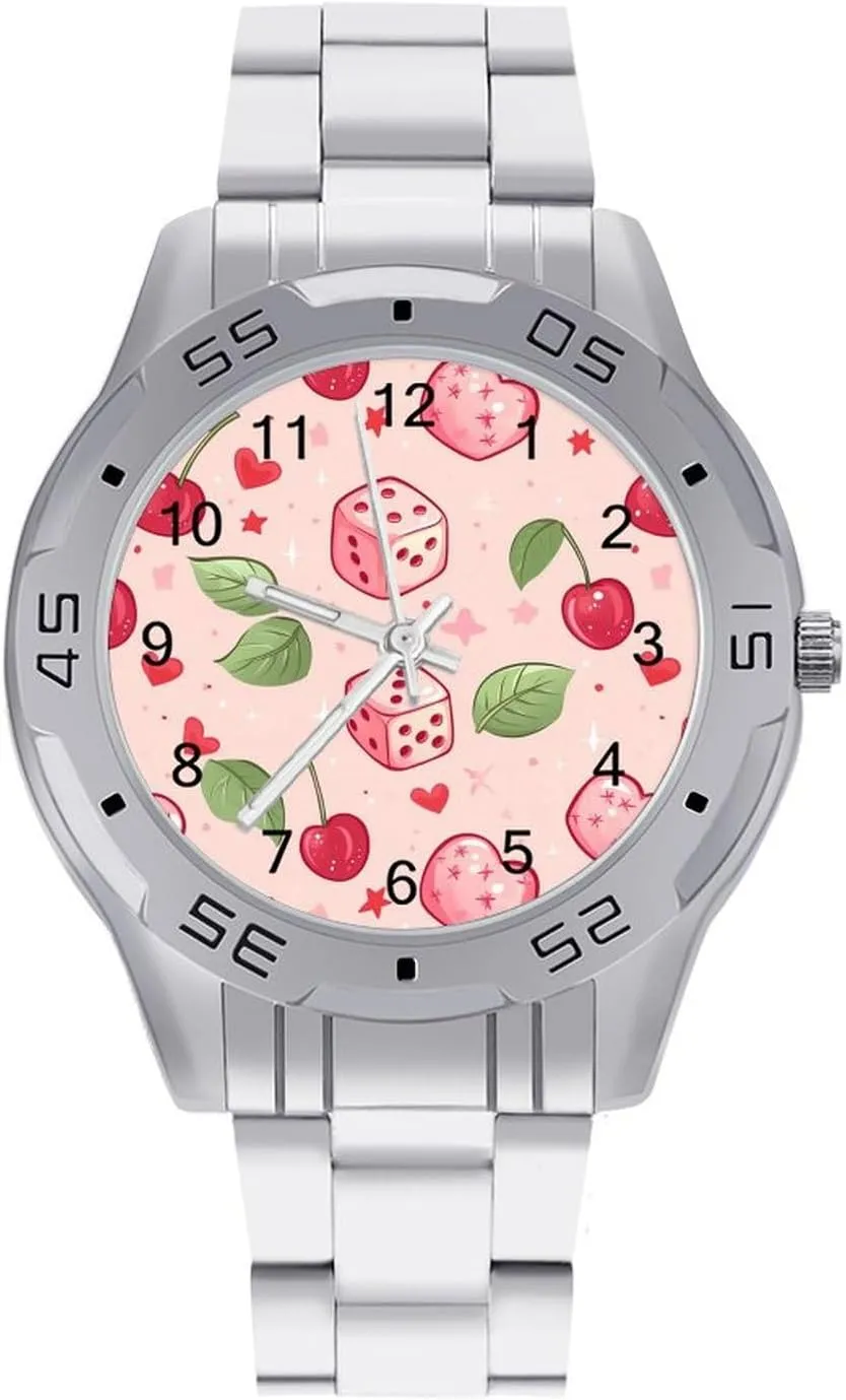Dice Heart Cherries Simple Stainless Steel Band Business Watch Dress Wrist Unique Luxury Work Casual Waterproof Watches