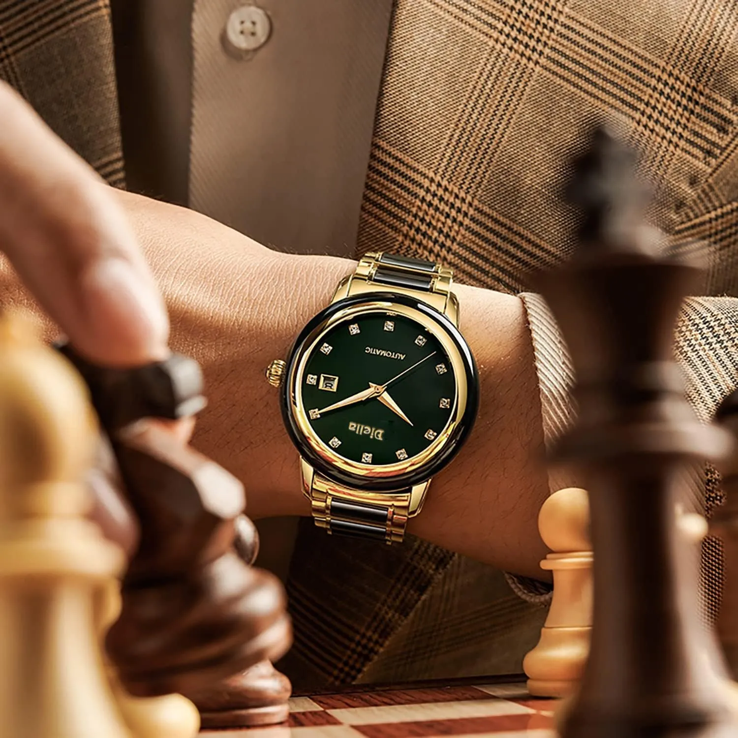 Diella Automatic Watches for Men and Women,Luxury Jade Wrist Dress Watch with Luminous Display,Waterproof