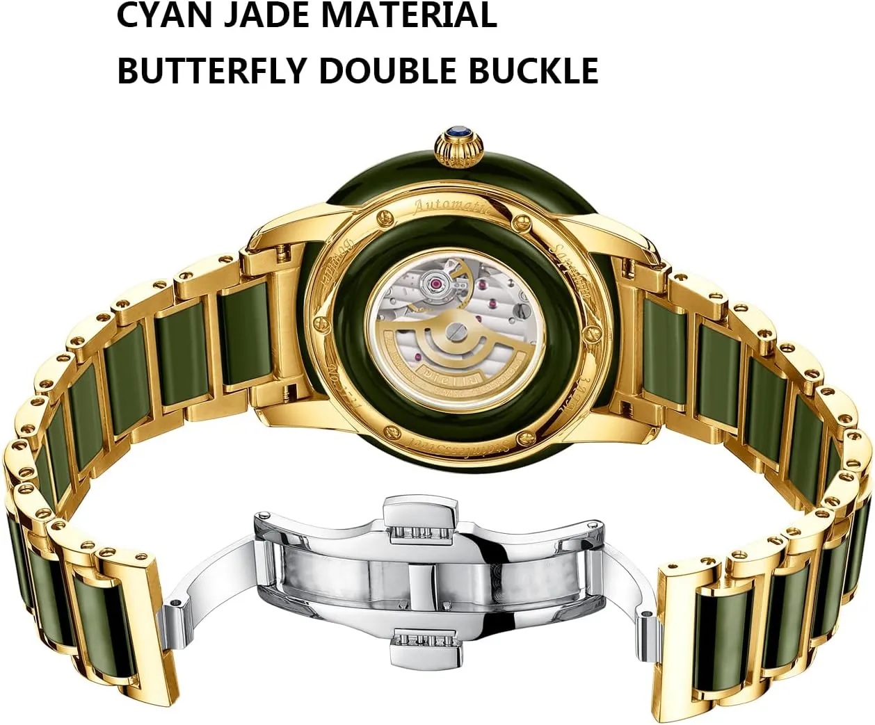 Diella Automatic Watches for Men and Women,Luxury Jade Wrist Dress Watch with Luminous Display,Waterproof