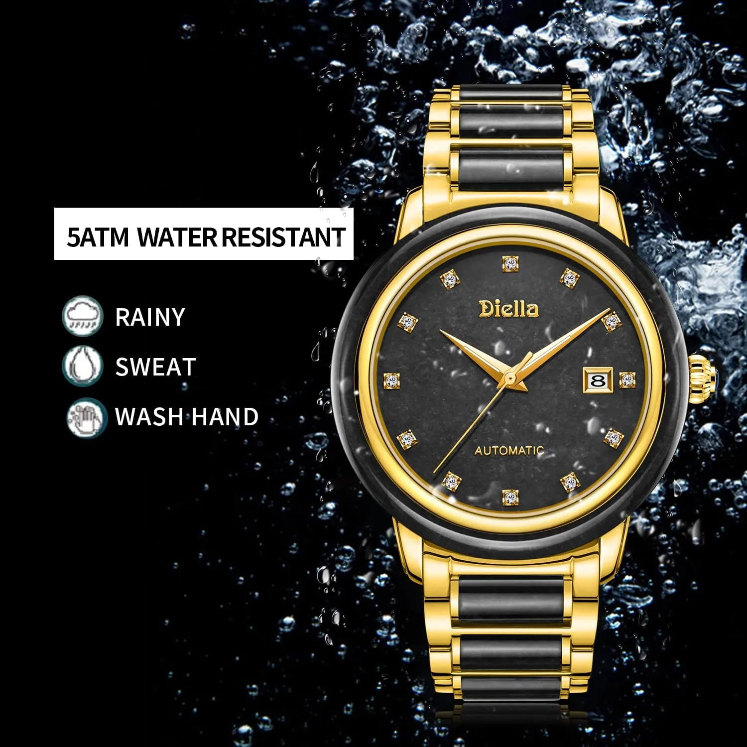 Diella Automatic Watches for Men and Women,Luxury Jade Wrist Dress Watch with Luminous Display,Waterproof