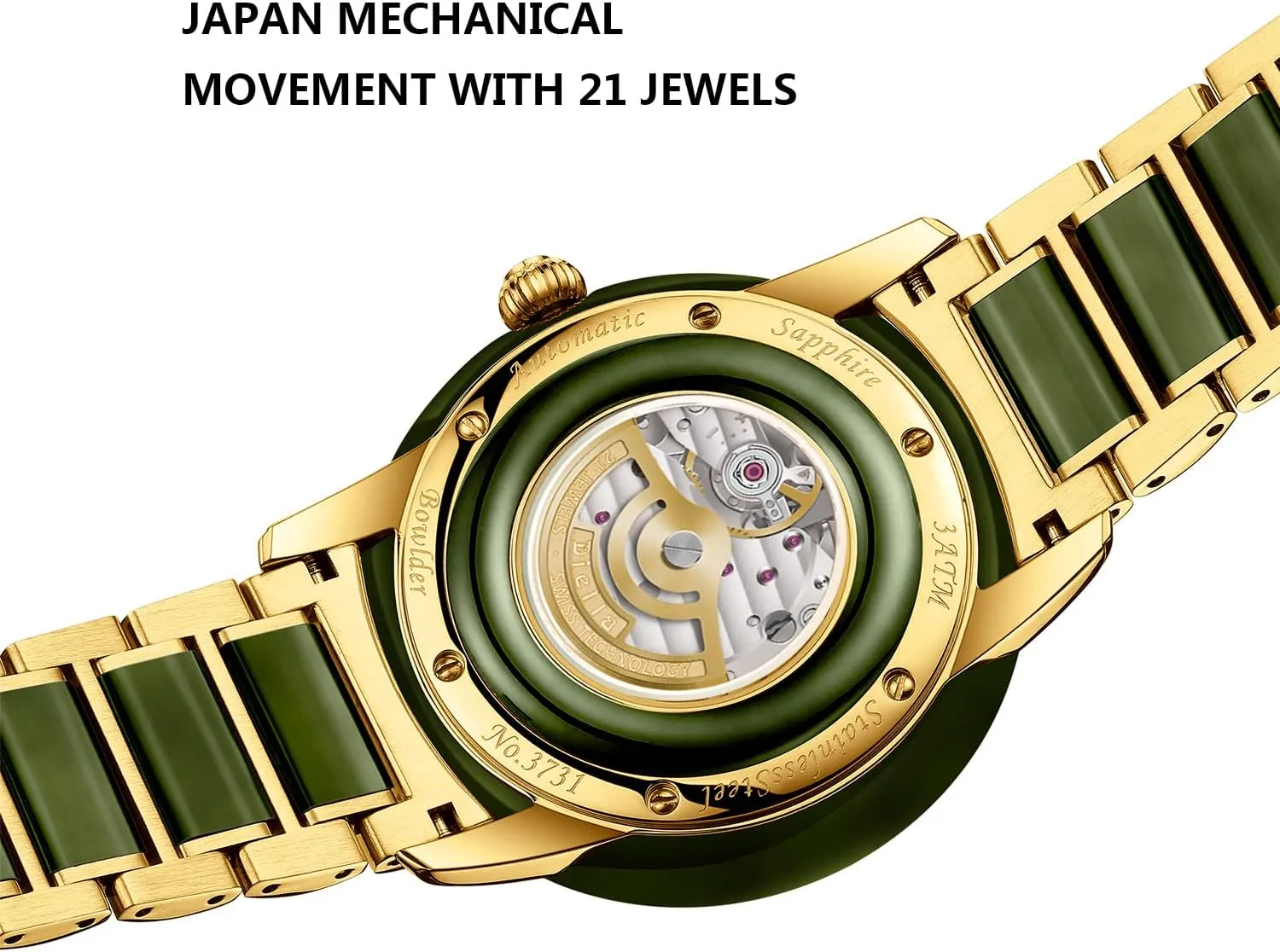 Diella Automatic Watches for Men and Women,Luxury Jade Wrist Dress Watch with Luminous Display,Waterproof