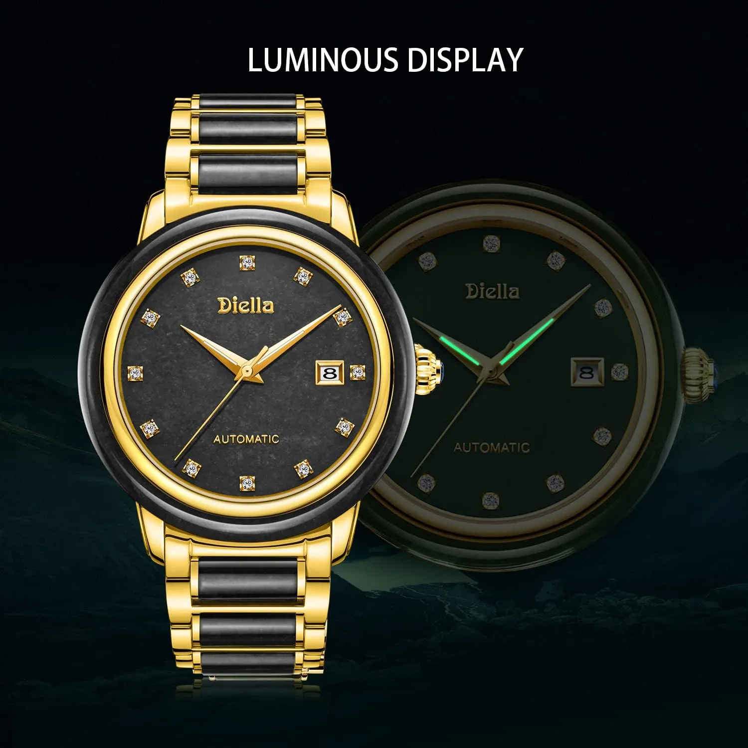 Diella Automatic Watches for Men and Women,Luxury Jade Wrist Dress Watch with Luminous Display,Waterproof