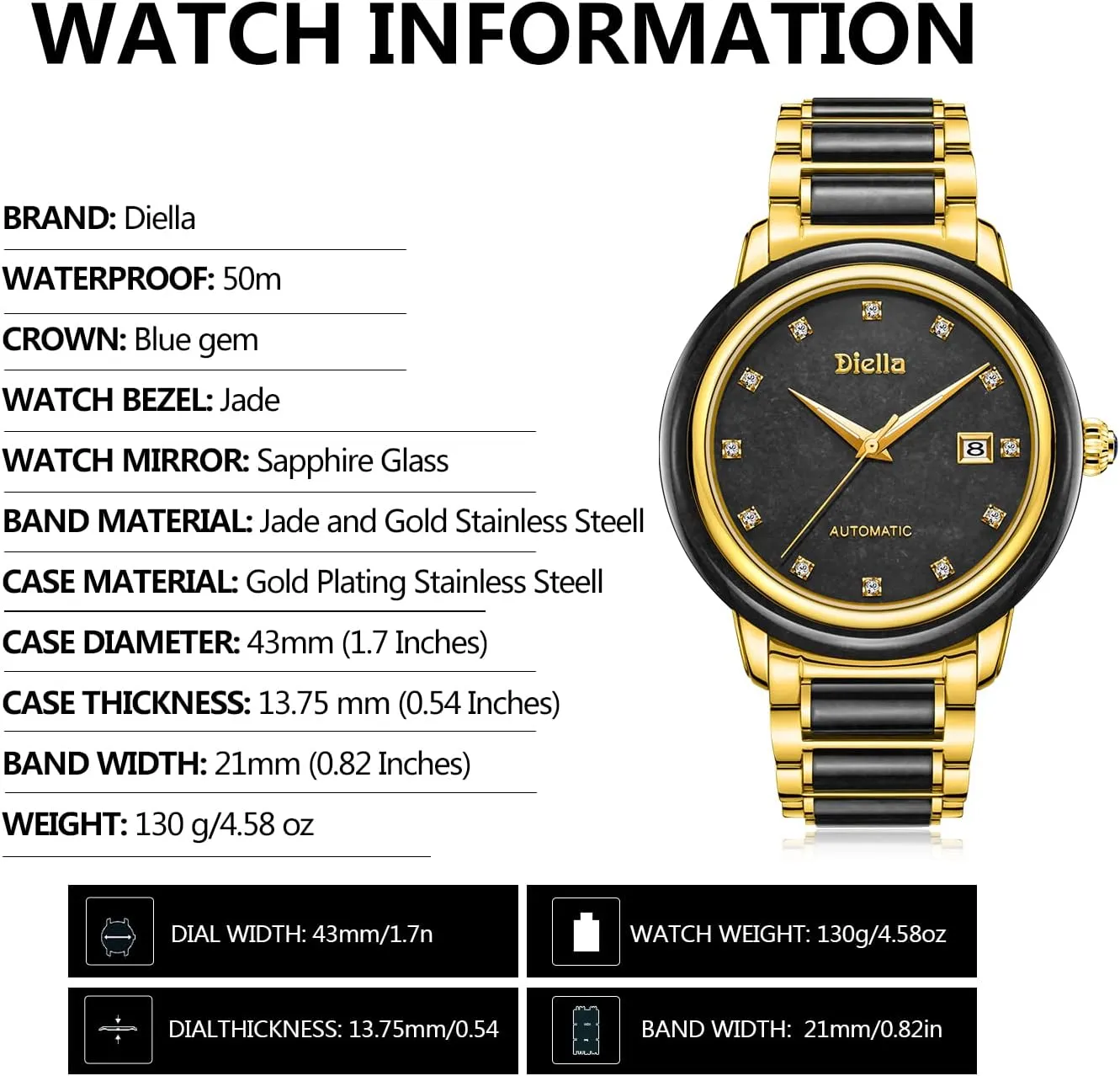 Diella Automatic Watches for Men and Women,Luxury Jade Wrist Dress Watch with Luminous Display,Waterproof