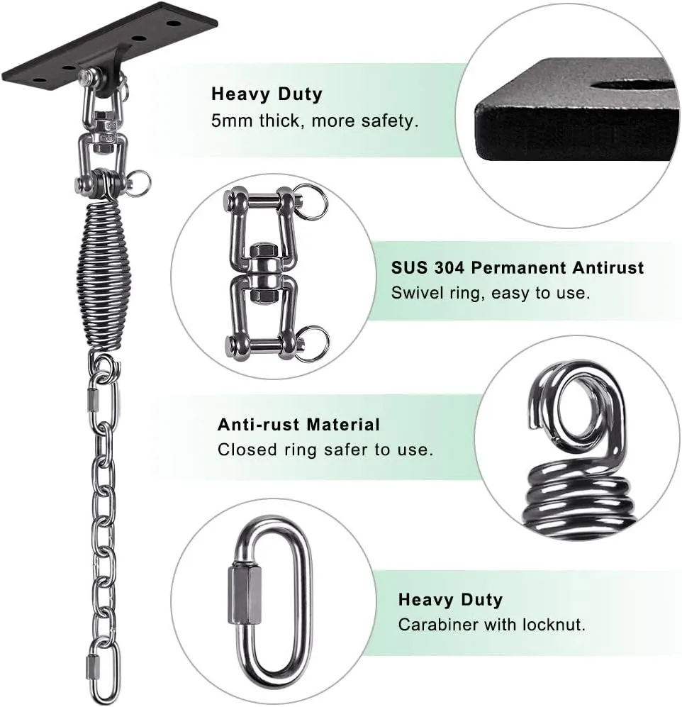 Dolibest Hammock Chair Hanging Kit, Heavy Duty Swing Hanger and 3.28ft Chain with Spring (6MM), Wall Ceiling Hooks for Yoga Indoor Playground Hanging Chair Hammock Chair4 Screws, 4 Expansion Screws