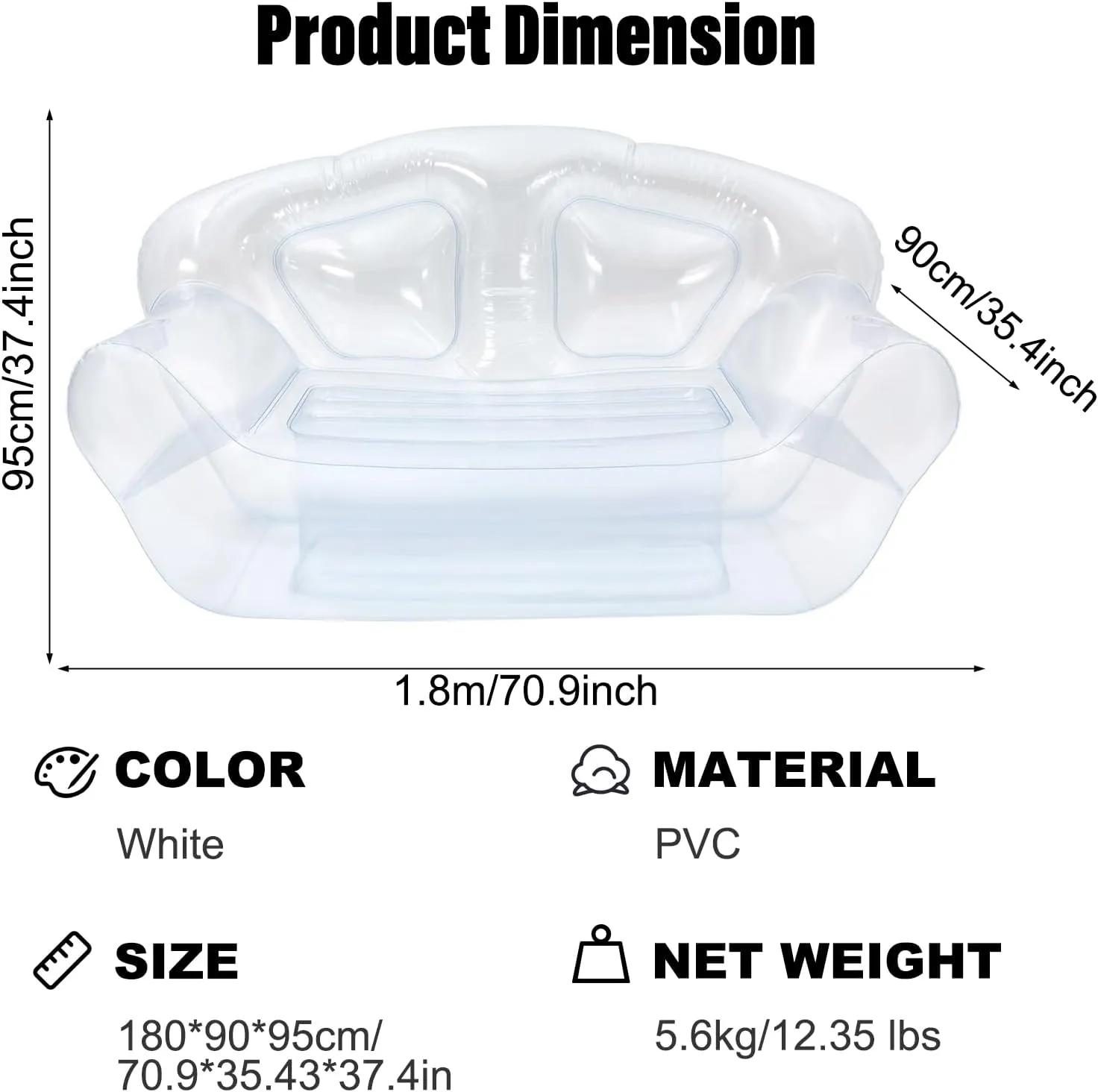 Double Inflatable Couch Sofa, Cool Double Inflatable Chair, Portable Air Sofa, Inflatable Couch, Inflatable Sofa for Camping Picnic Beach Travel (Clear)