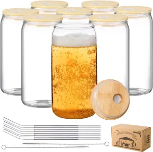 Drinking Glasses with Bamboo Lids and Glass Straw, 8 Pcs 16 oz Glass Cups, Beer Ice Coffee Glasses, Cute Aesthetic Cup Great for Coffee Bar Accessories Include 2 Cleaning Brushes