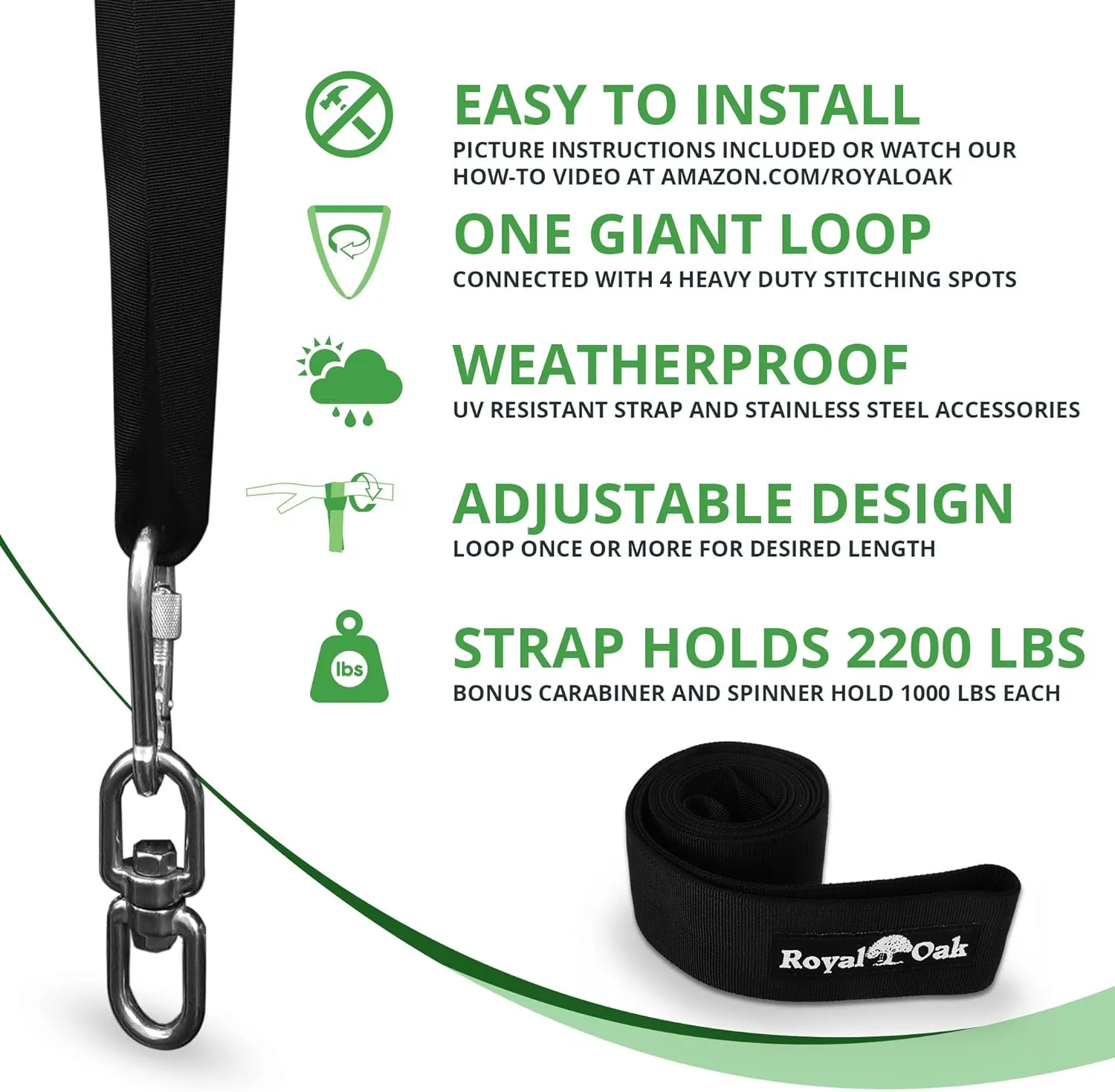 Easy Hang Tree Swing Straps- Holds 2200lbs. - Heavy Duty Carabiner and Spinner - Perfect for Tire and Saucer Swings, Waterproof - Easy Picture Instructions - Carry Bag Included! (12 Feet Double)