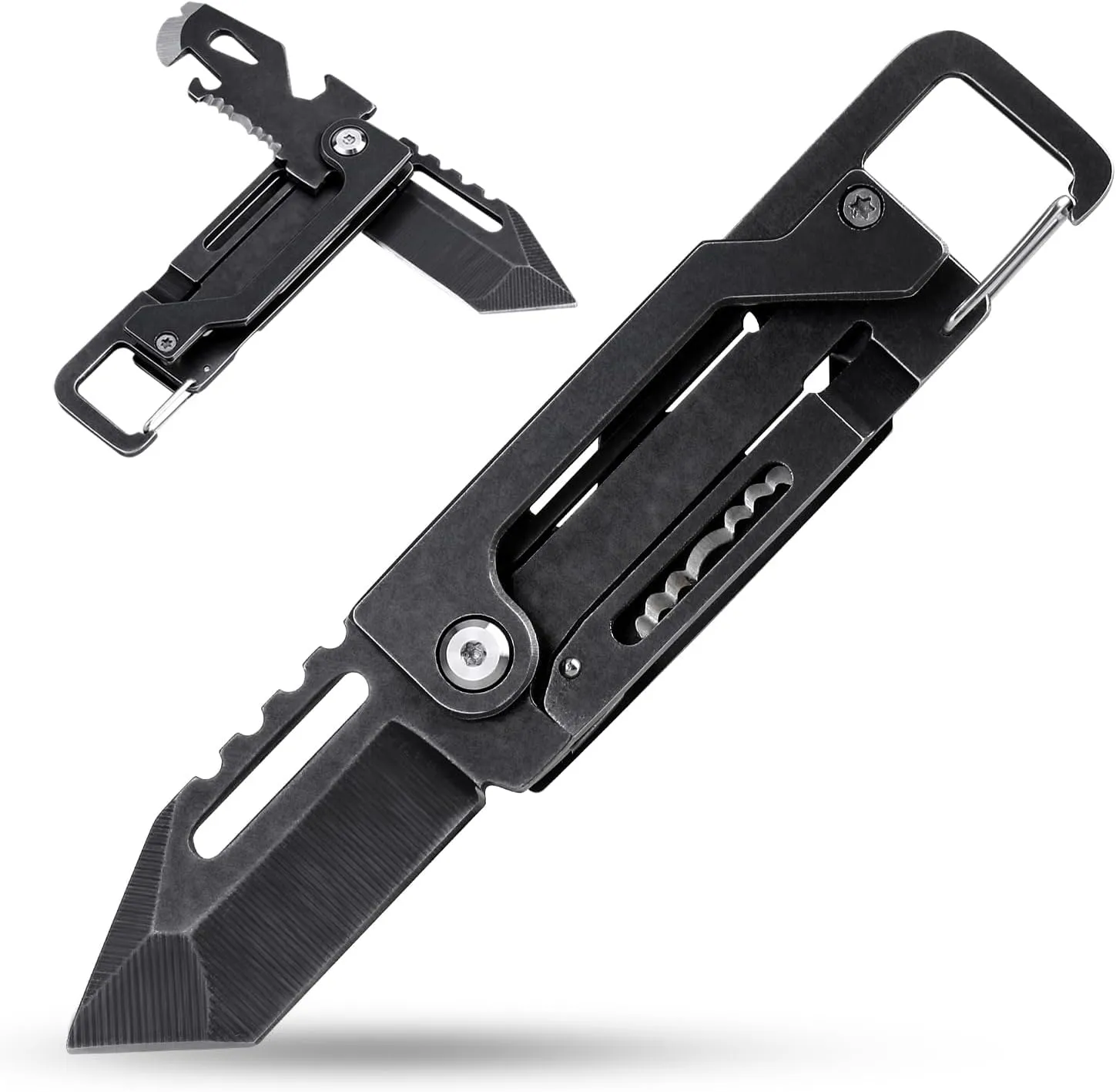 edcfans Keychain Knife, Carabiner Multitool, Tanto Pocket Knife with Key Clip, Box Cutter, Can/Bottle Opener, Screwdriver Wrench, Pry Tools, EDC Hiking Camping Gear, Gifts for Men Women Everyday Carry