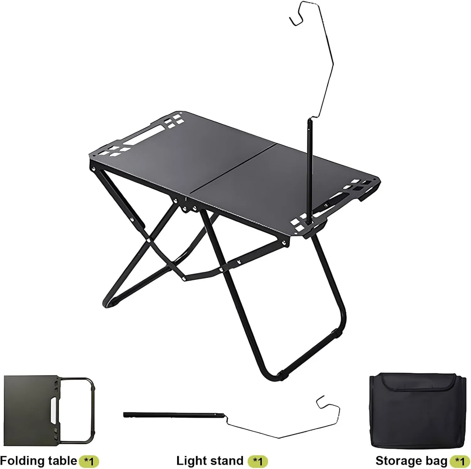 Enchantia Folding Camping Table, Carbon Steel Portable Grill Table with Light Stand   Storage Bag, Versatile Picnic Tables Stable Load-Bearing for Outside BBQ and Camping, Black