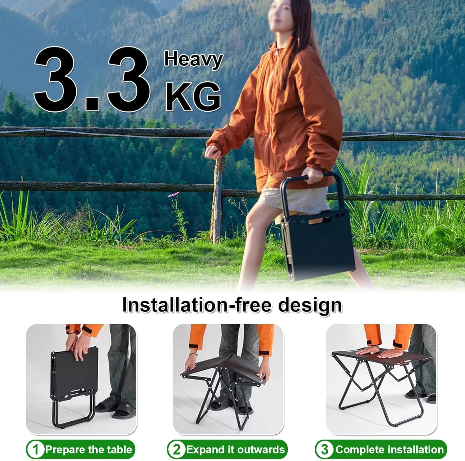 Enchantia Folding Camping Table, Carbon Steel Portable Grill Table with Light Stand   Storage Bag, Versatile Picnic Tables Stable Load-Bearing for Outside BBQ and Camping, Black