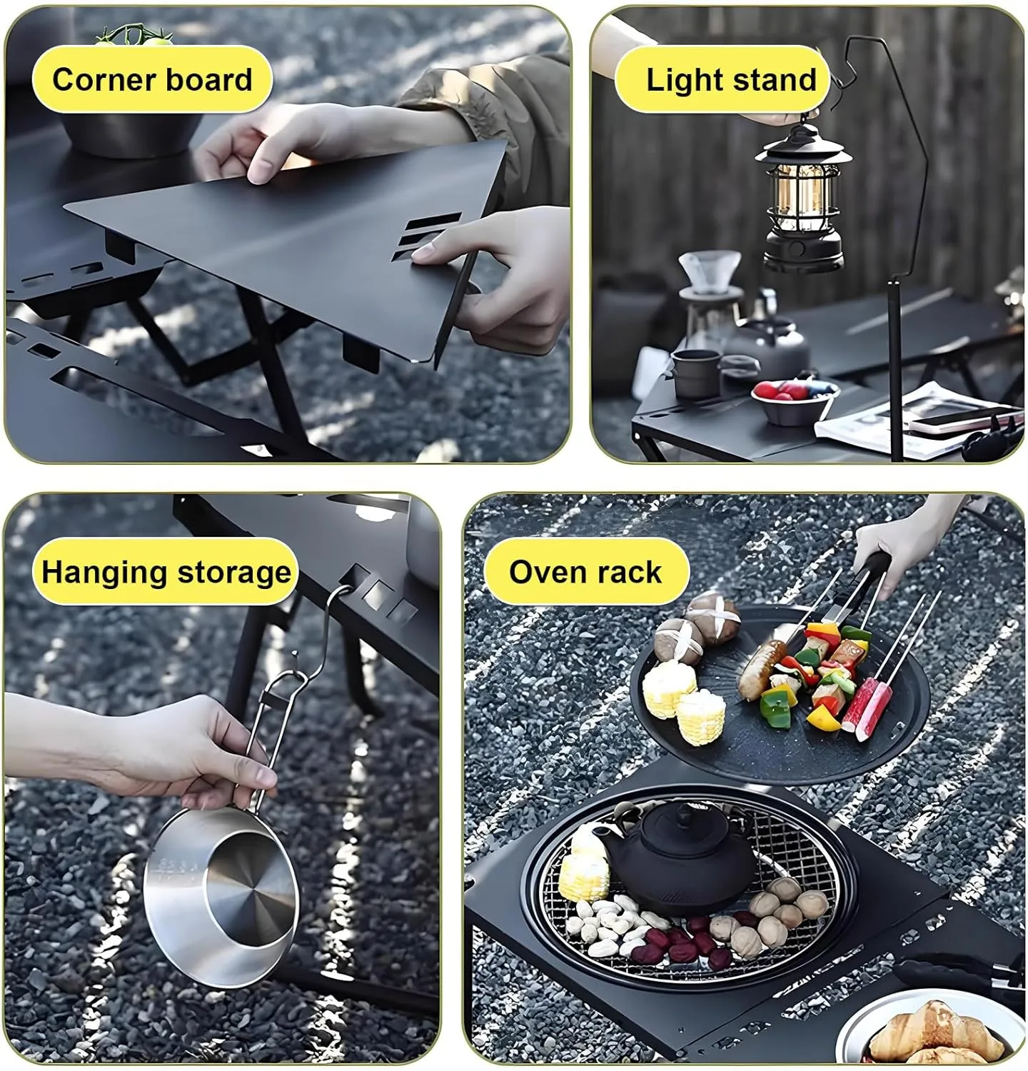Enchantia Folding Camping Table, Carbon Steel Portable Grill Table with Light Stand   Storage Bag, Versatile Picnic Tables Stable Load-Bearing for Outside BBQ and Camping, Black