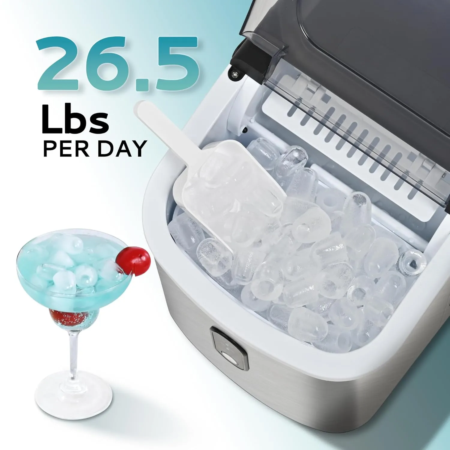 EUHOMY Ice Maker Countertop, Portable Ice Machine with Carry Handle, 26.5lbs Per Day, 9 Cubes in 6 Mins, Auto-Cleaning, with Basket and Scoop, for Home, Kitchen, Camping, RV (Silver)