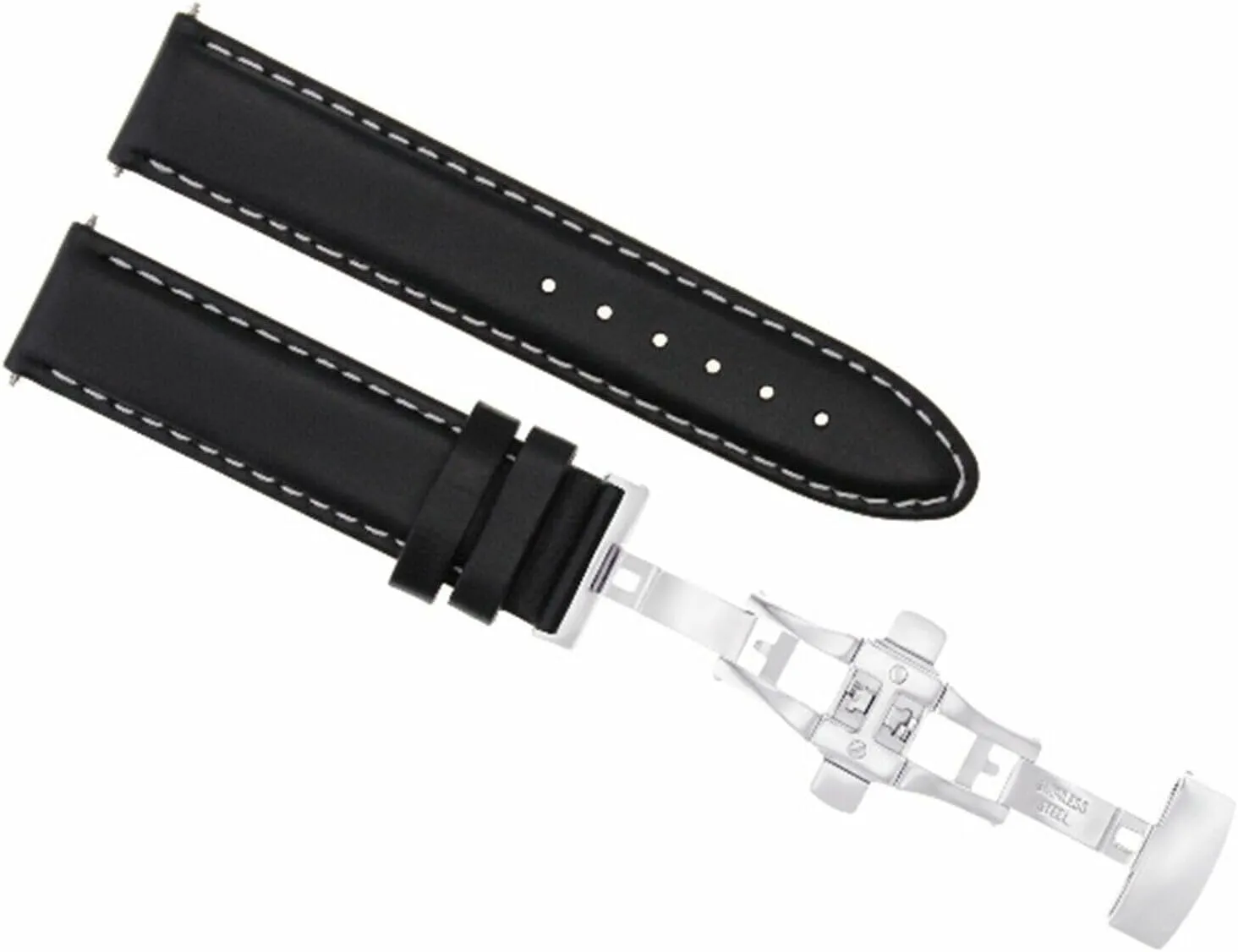 Ewatchparts 22mm Leather Watch Band Smooth Strap Compatible With Jaeger Lecoultre Watch Clasp Black With White Stitching