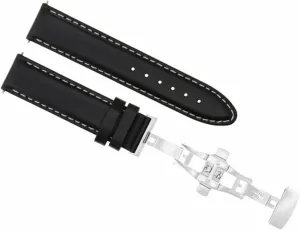 Ewatchparts 22mm Leather Watch Band Smooth Strap Compatible With Jaeger Lecoultre Watch Clasp Black With White Stitching