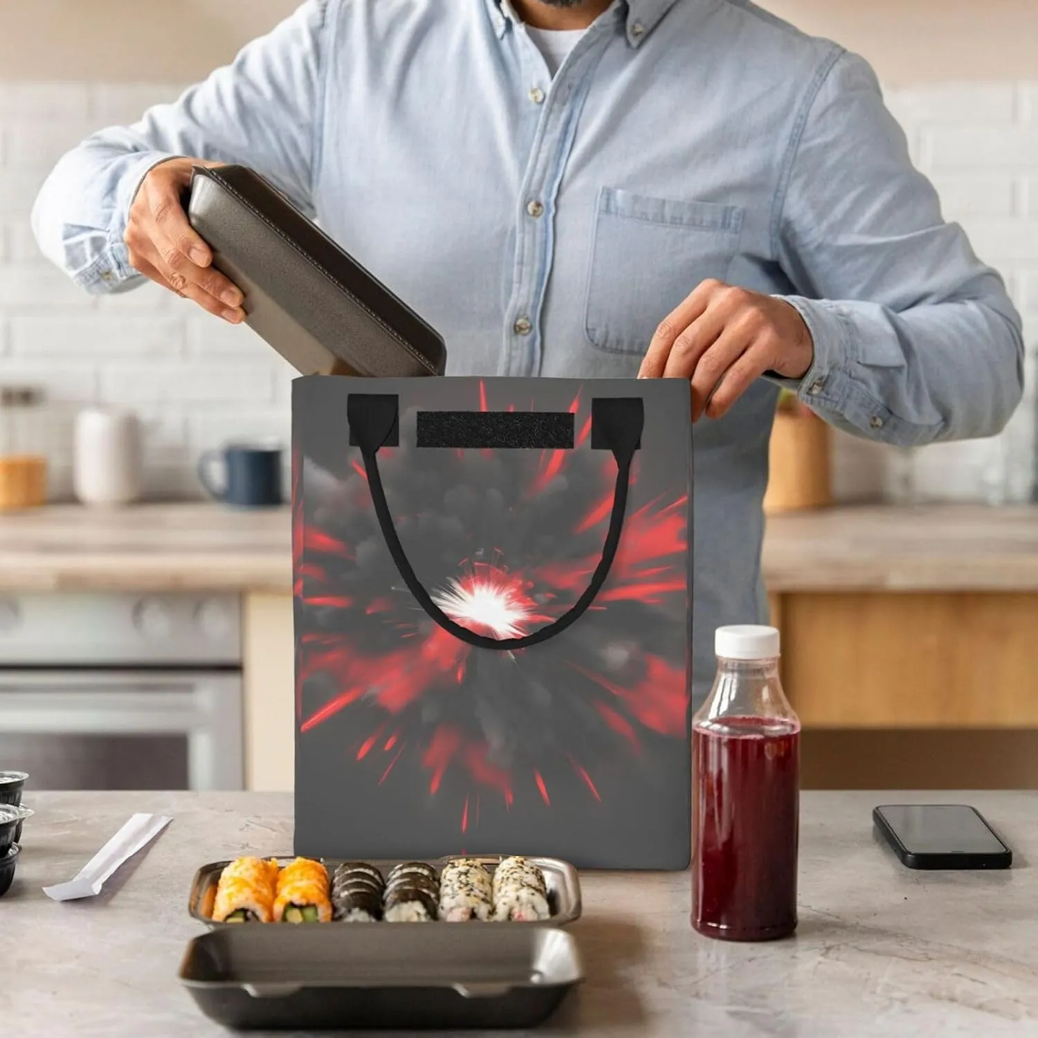 Explosion Burst Red Black Lunch Bag For Women Men, Paper Tote Bag For Work, Outdoor Activities, Daily Use