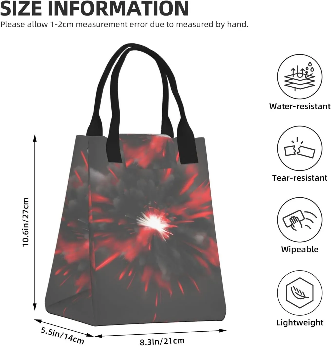 Explosion Burst Red Black Lunch Bag For Women Men, Paper Tote Bag For Work, Outdoor Activities, Daily Use