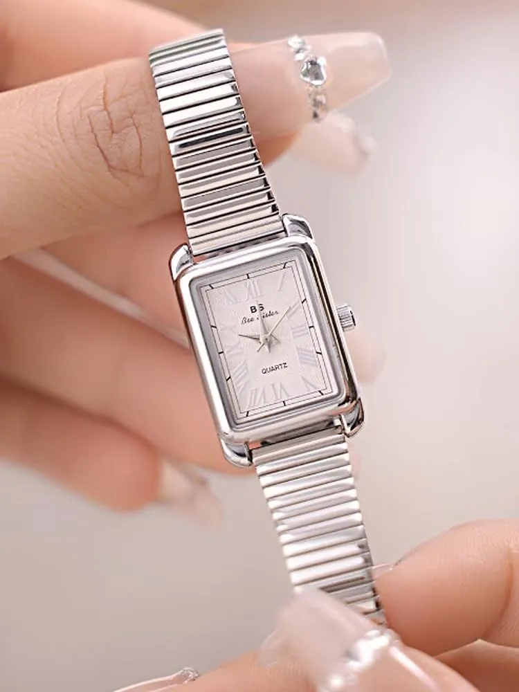 FANMIS Classic Ladies Easy Reader Analog Watches Waterproof Dress Bracelet Watch Fashion Simple Square Stainless Steel Slub Band Watch