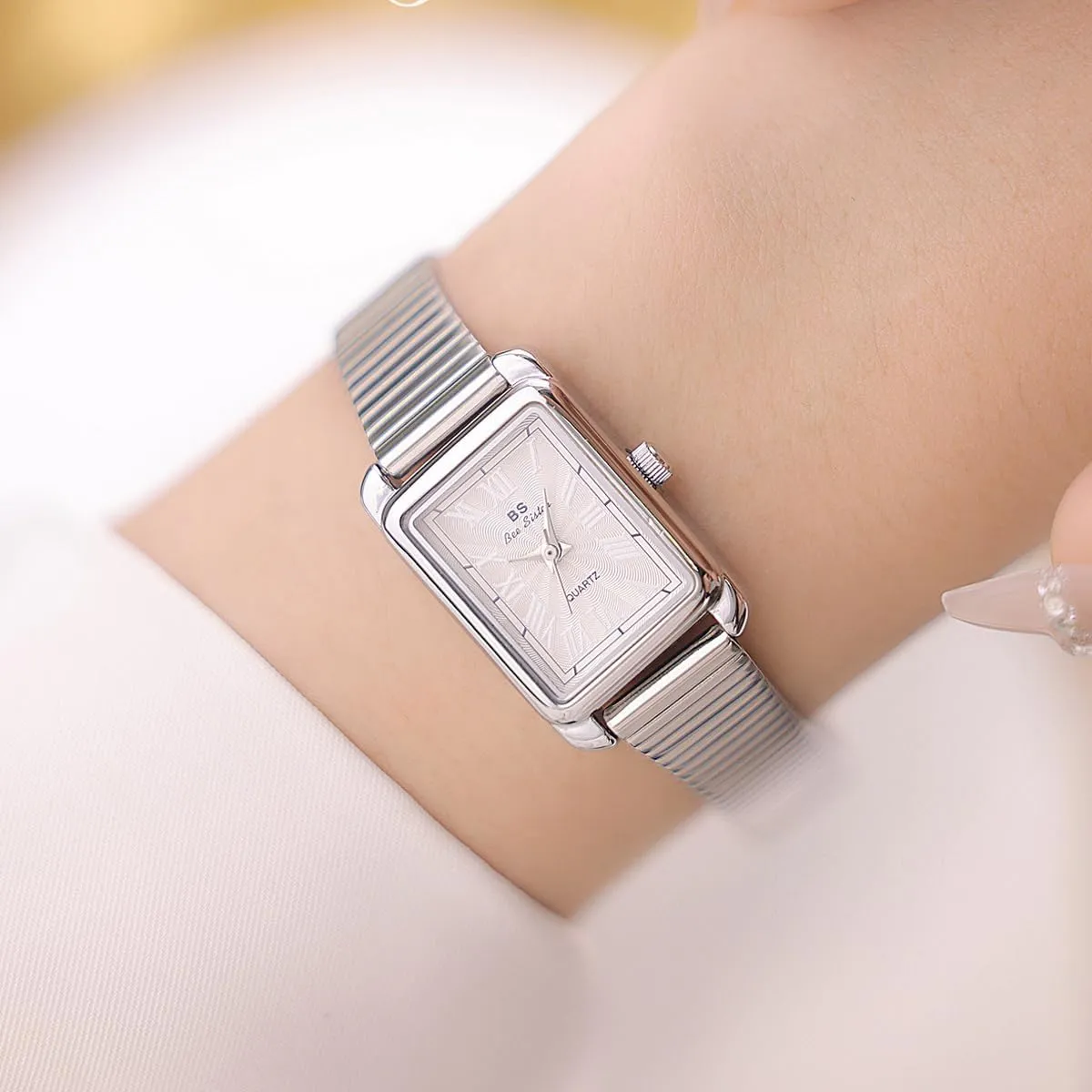 FANMIS Classic Ladies Easy Reader Analog Watches Waterproof Dress Bracelet Watch Fashion Simple Square Stainless Steel Slub Band Watch