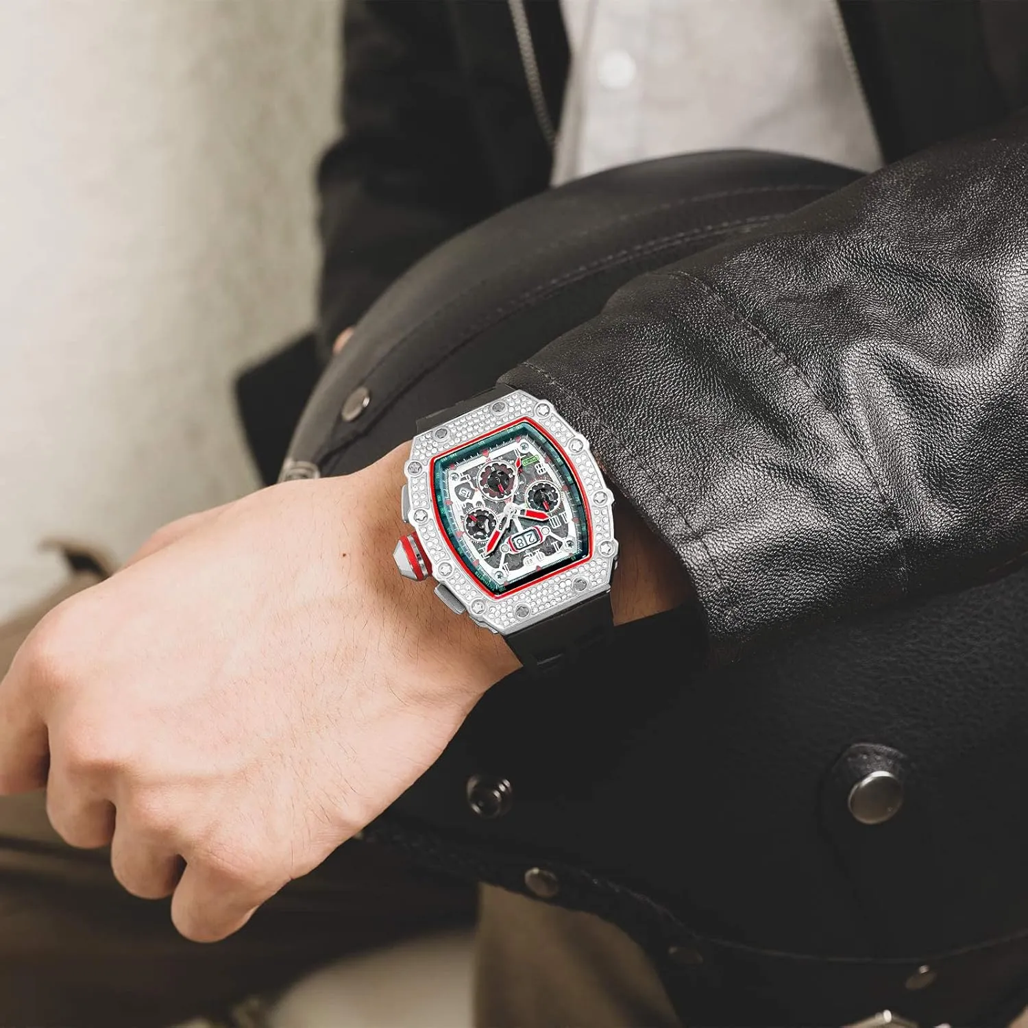 FANMIS Mens Bling Punk Diamond Chronograph Watches Fashion Style Silicone Band Sports Wrist Watch
