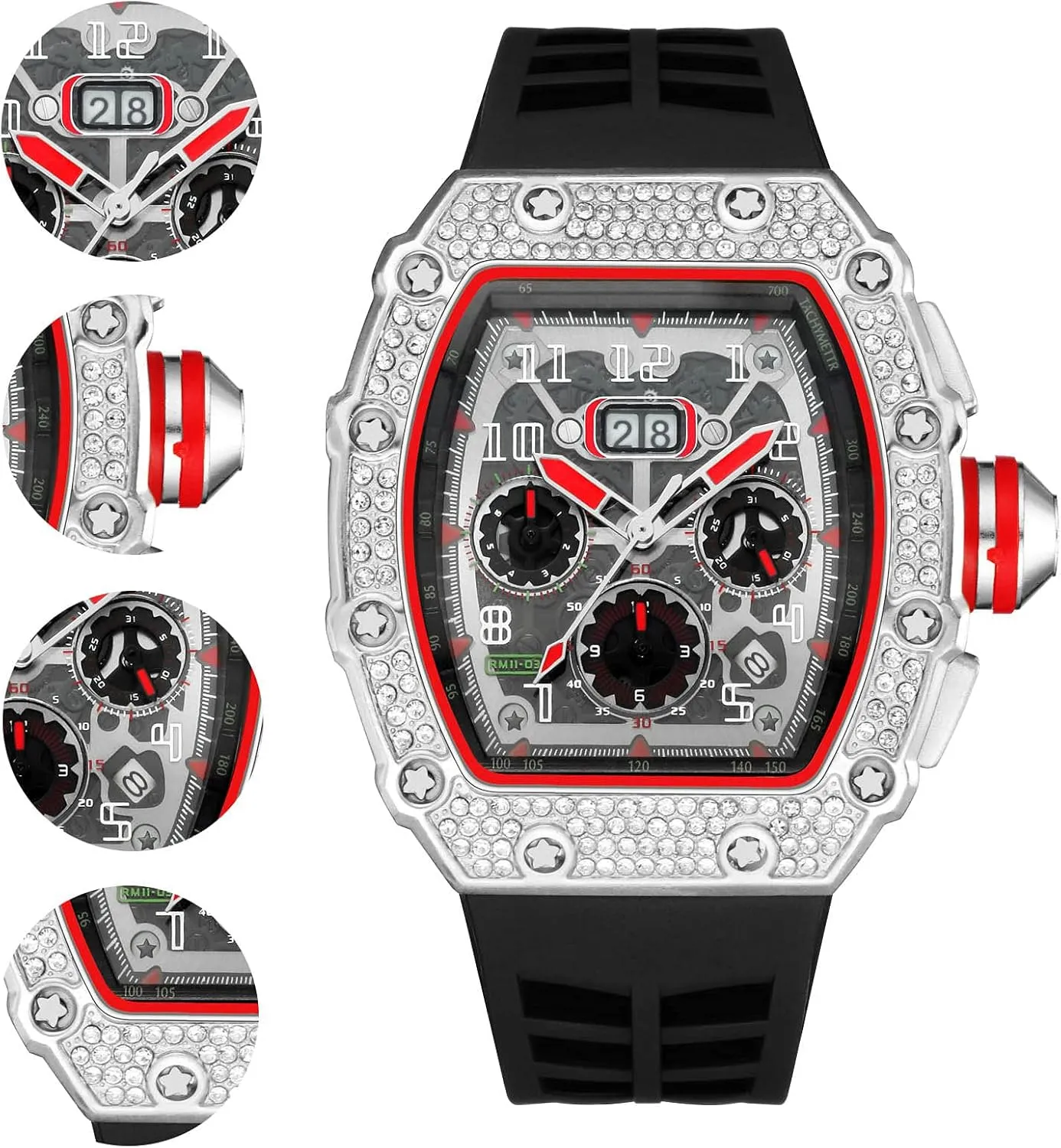 FANMIS Mens Bling Punk Diamond Chronograph Watches Fashion Style Silicone Band Sports Wrist Watch