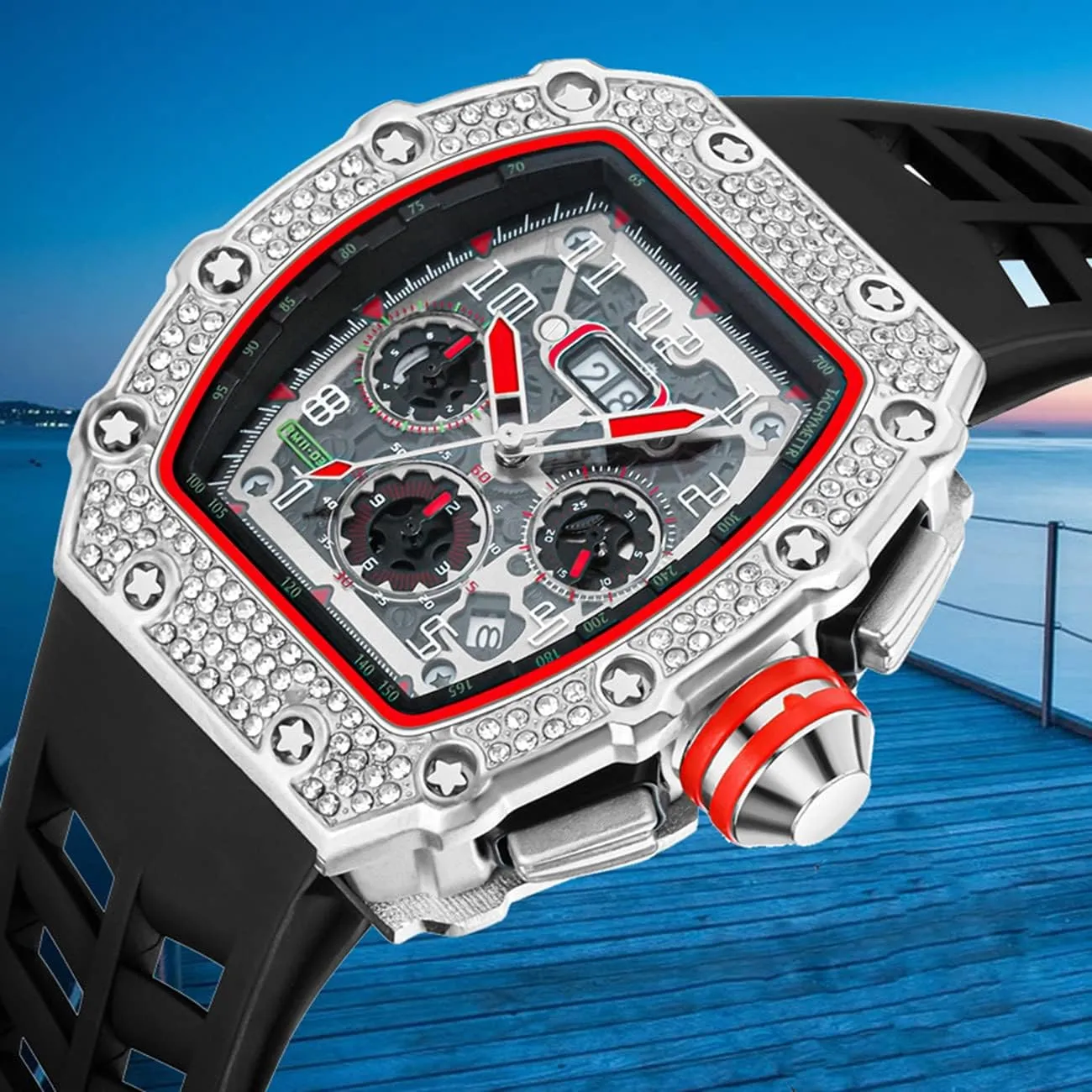FANMIS Mens Bling Punk Diamond Chronograph Watches Fashion Style Silicone Band Sports Wrist Watch
