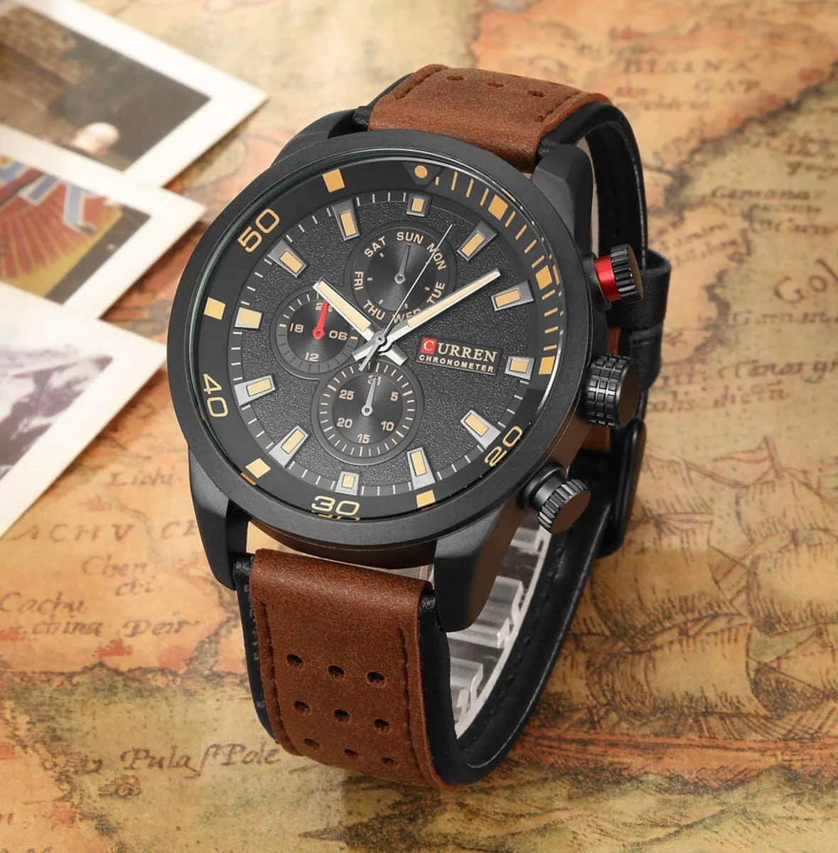 FANMIS Mens Leather Strap Watches 30M Waterproof IP Black Plating Steel Classic Casual Dress Analog Quartz Watch