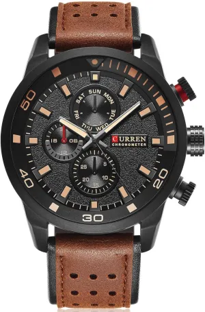FANMIS Mens Leather Strap Watches 30M Waterproof IP Black Plating Steel Classic Casual Dress Analog Quartz Watch