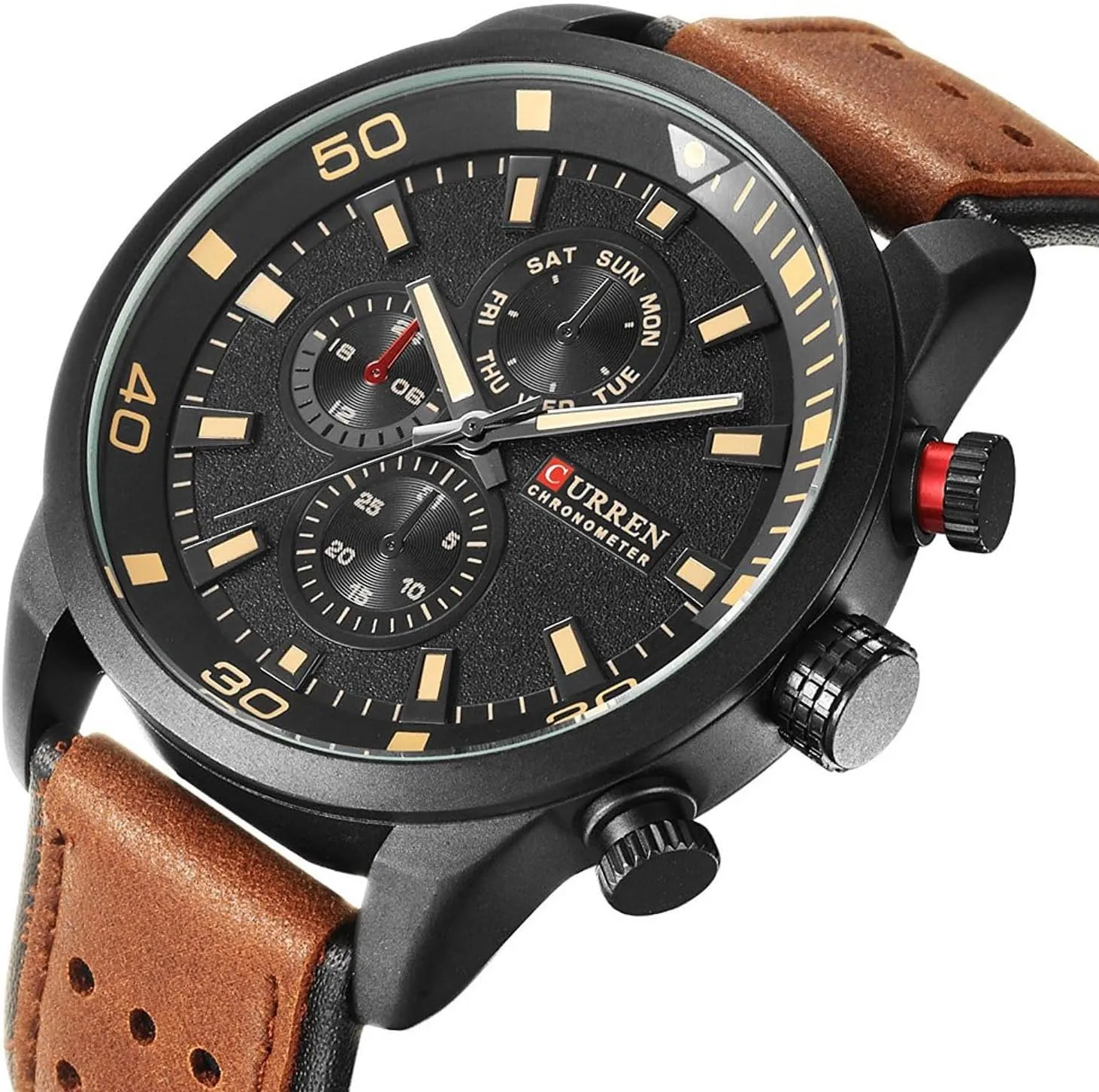 FANMIS Mens Leather Strap Watches 30M Waterproof IP Black Plating Steel Classic Casual Dress Analog Quartz Watch