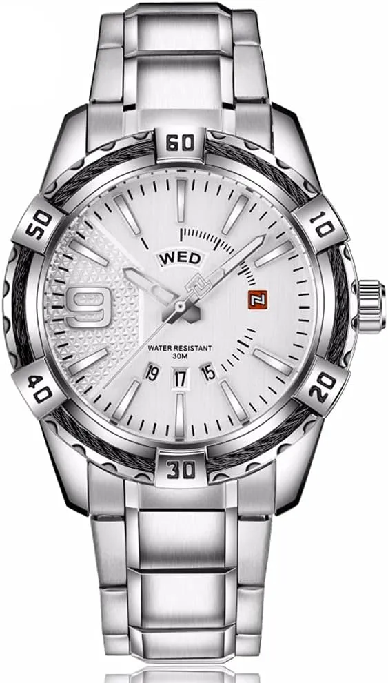 FANMIS Men's Luxury Analog Day Date Quartz Waterproof Wrist Watches Business Stainless Steel Wrist Watch (Silver)