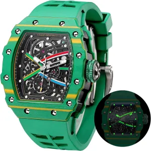 FEICE Men's Vintage Automatic Mechanical Watch | Skeleton Waterproof Watch | Silicone Strap | Sport Luminous Analog | Unique Business Wristwatch for Men | Green FM603