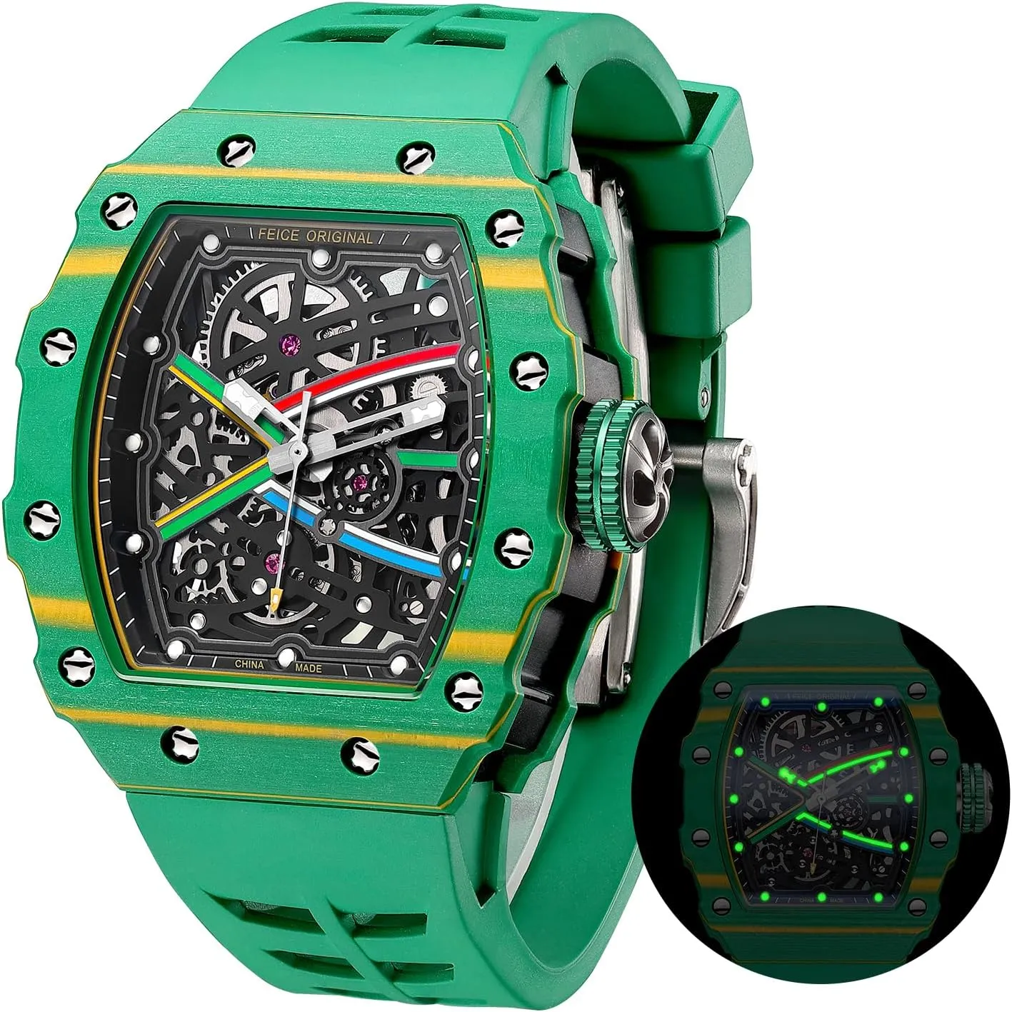 FEICE Men's Vintage Automatic Mechanical Watch | Skeleton Waterproof Watch | Silicone Strap | Sport Luminous Analog | Unique Business Wristwatch for Men | Green FM603