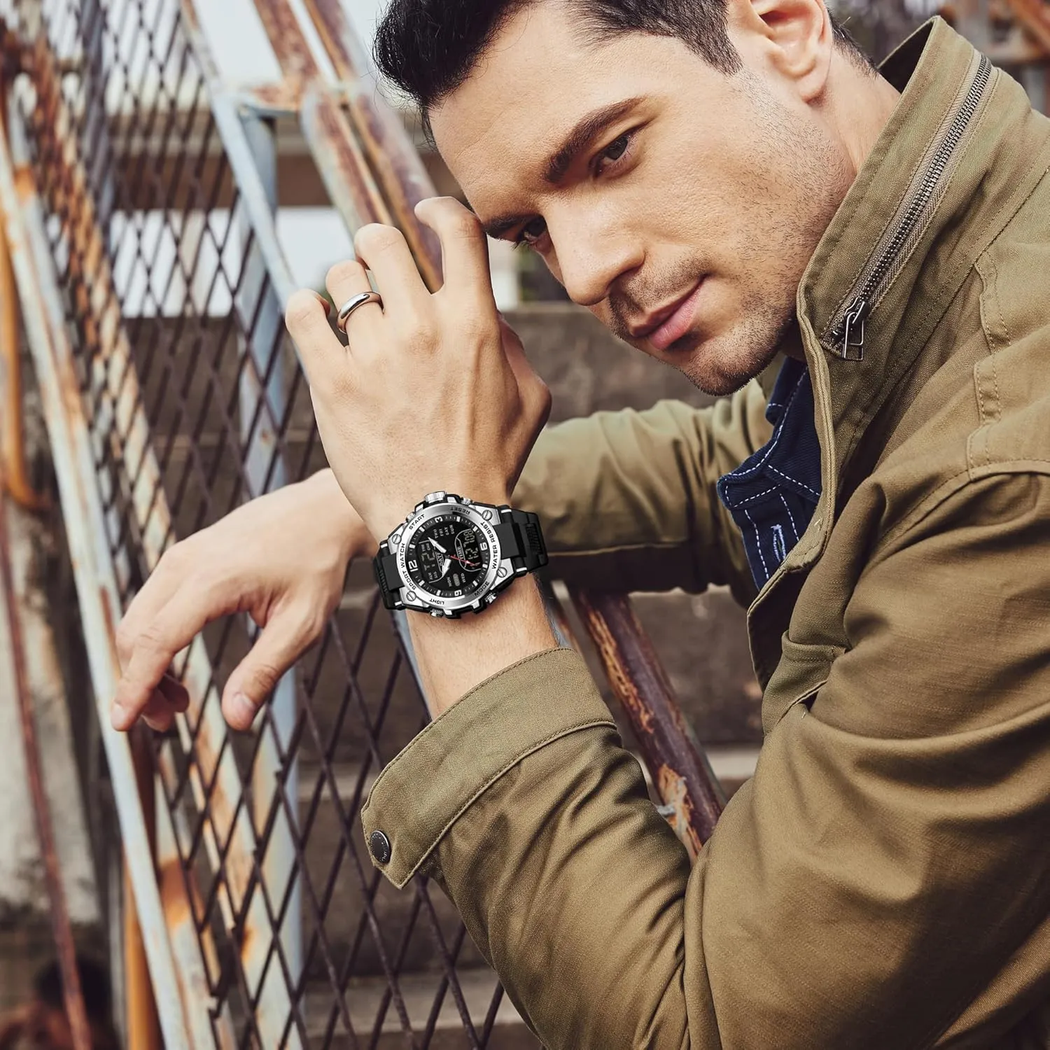 findtime Men's Watch Sport Waterproof Military Watches Outdoor Tactical Digital Watch Analog Electronic Wrist Watch with LED Stopwatch Countdown Alarm Dual Time Big Face Relojes para Hombres