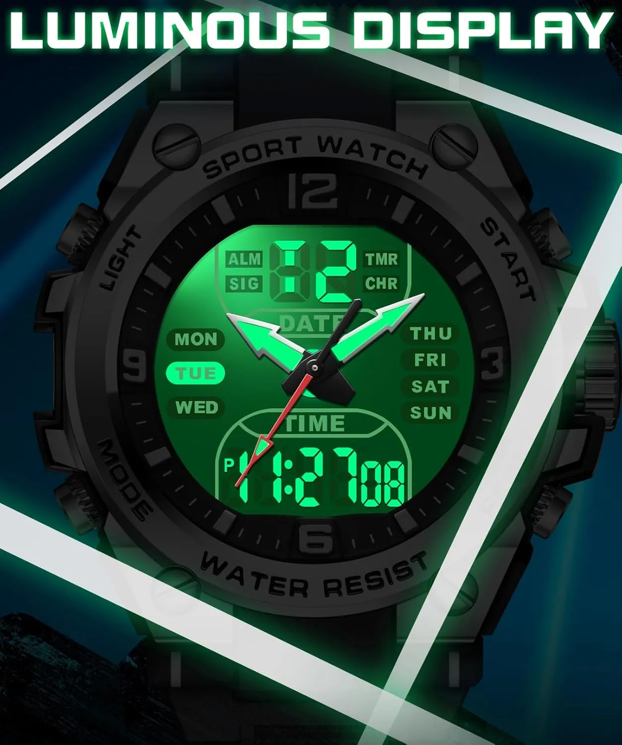 findtime Men's Watch Sport Waterproof Military Watches Outdoor Tactical Digital Watch Analog Electronic Wrist Watch with LED Stopwatch Countdown Alarm Dual Time Big Face Relojes para Hombres