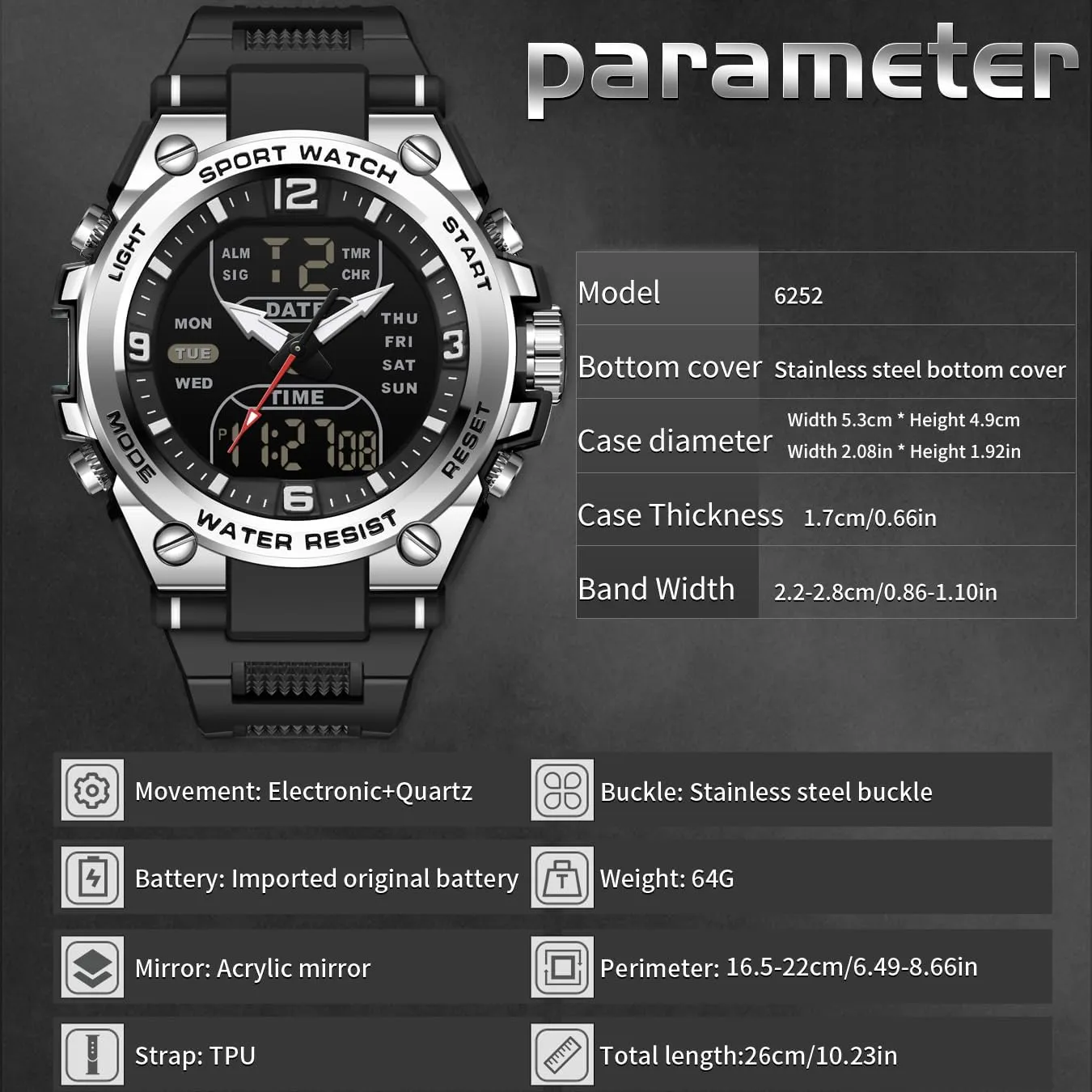 findtime Men's Watch Sport Waterproof Military Watches Outdoor Tactical Digital Watch Analog Electronic Wrist Watch with LED Stopwatch Countdown Alarm Dual Time Big Face Relojes para Hombres