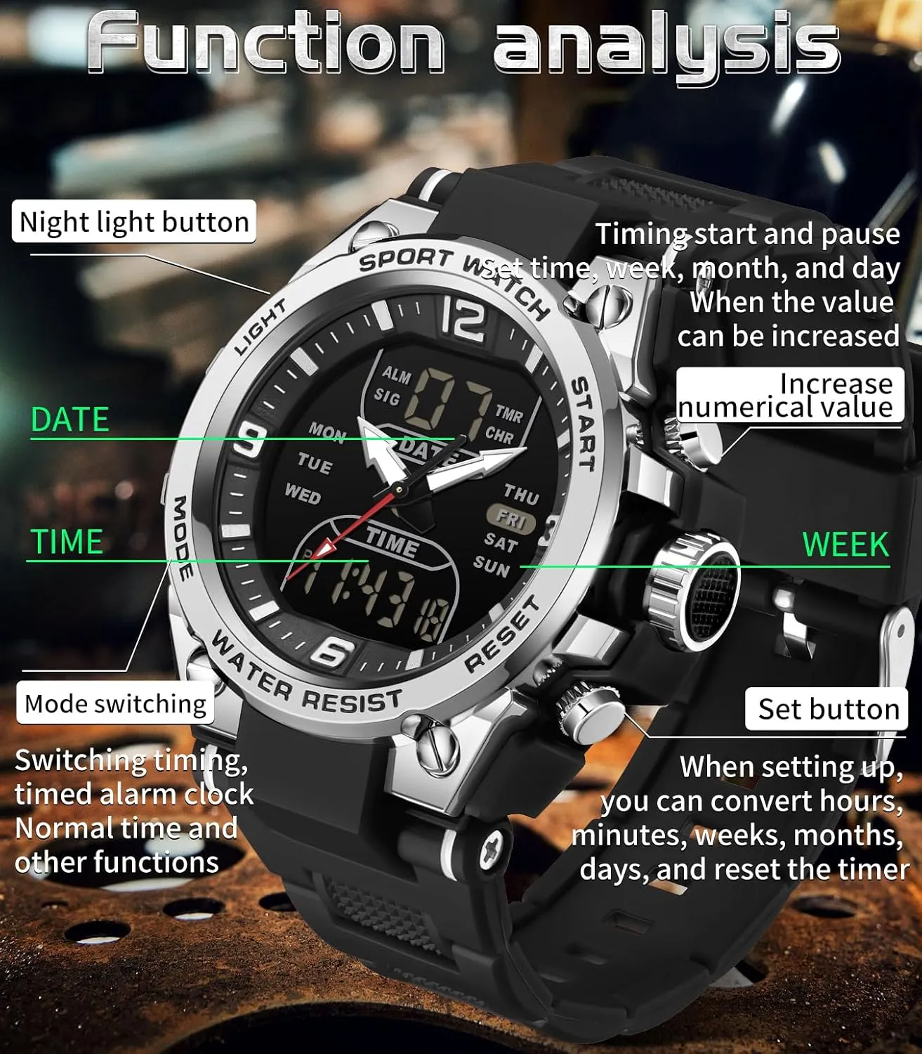 findtime Men's Watch Sport Waterproof Military Watches Outdoor Tactical Digital Watch Analog Electronic Wrist Watch with LED Stopwatch Countdown Alarm Dual Time Big Face Relojes para Hombres