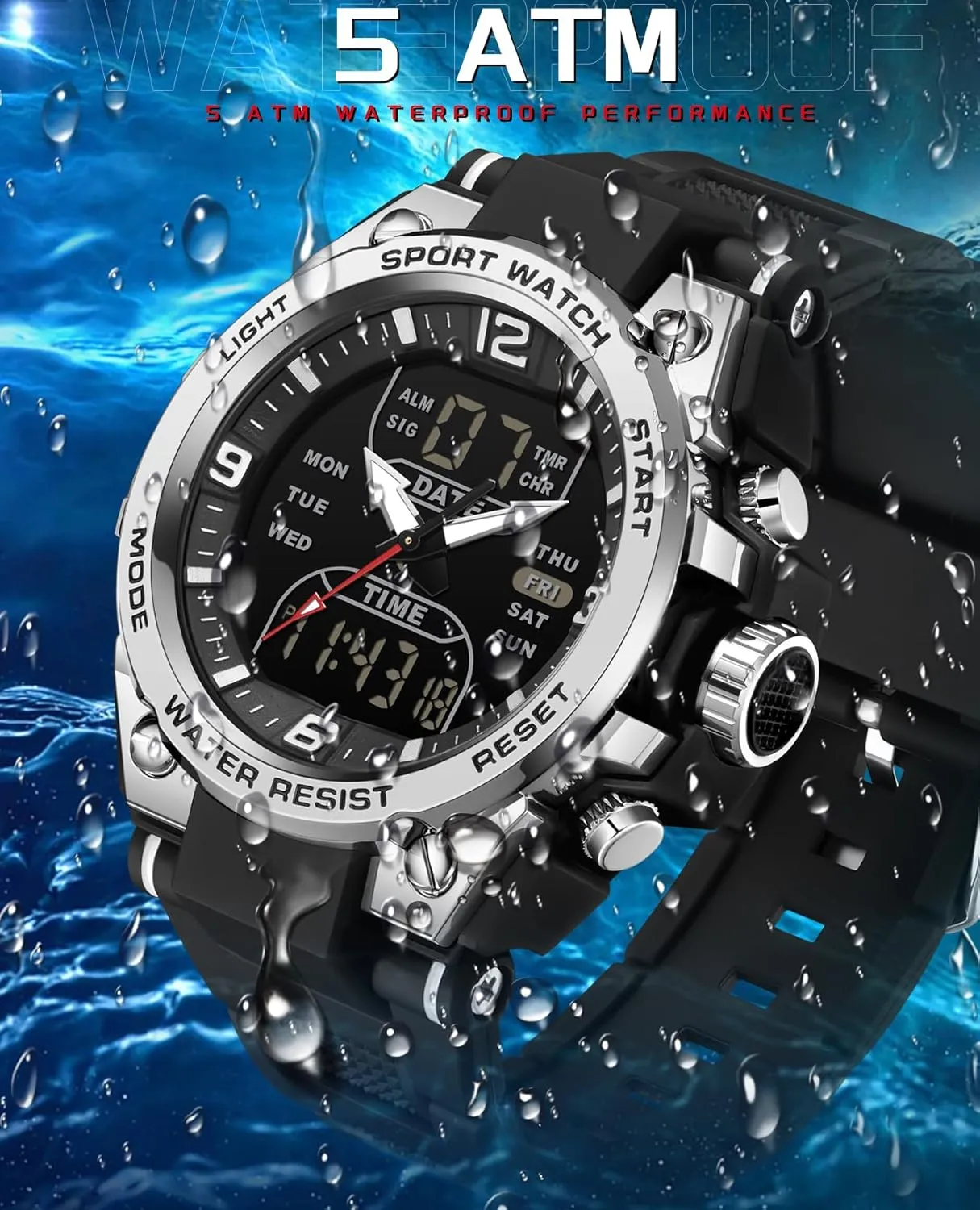 findtime Men's Watch Sport Waterproof Military Watches Outdoor Tactical Digital Watch Analog Electronic Wrist Watch with LED Stopwatch Countdown Alarm Dual Time Big Face Relojes para Hombres