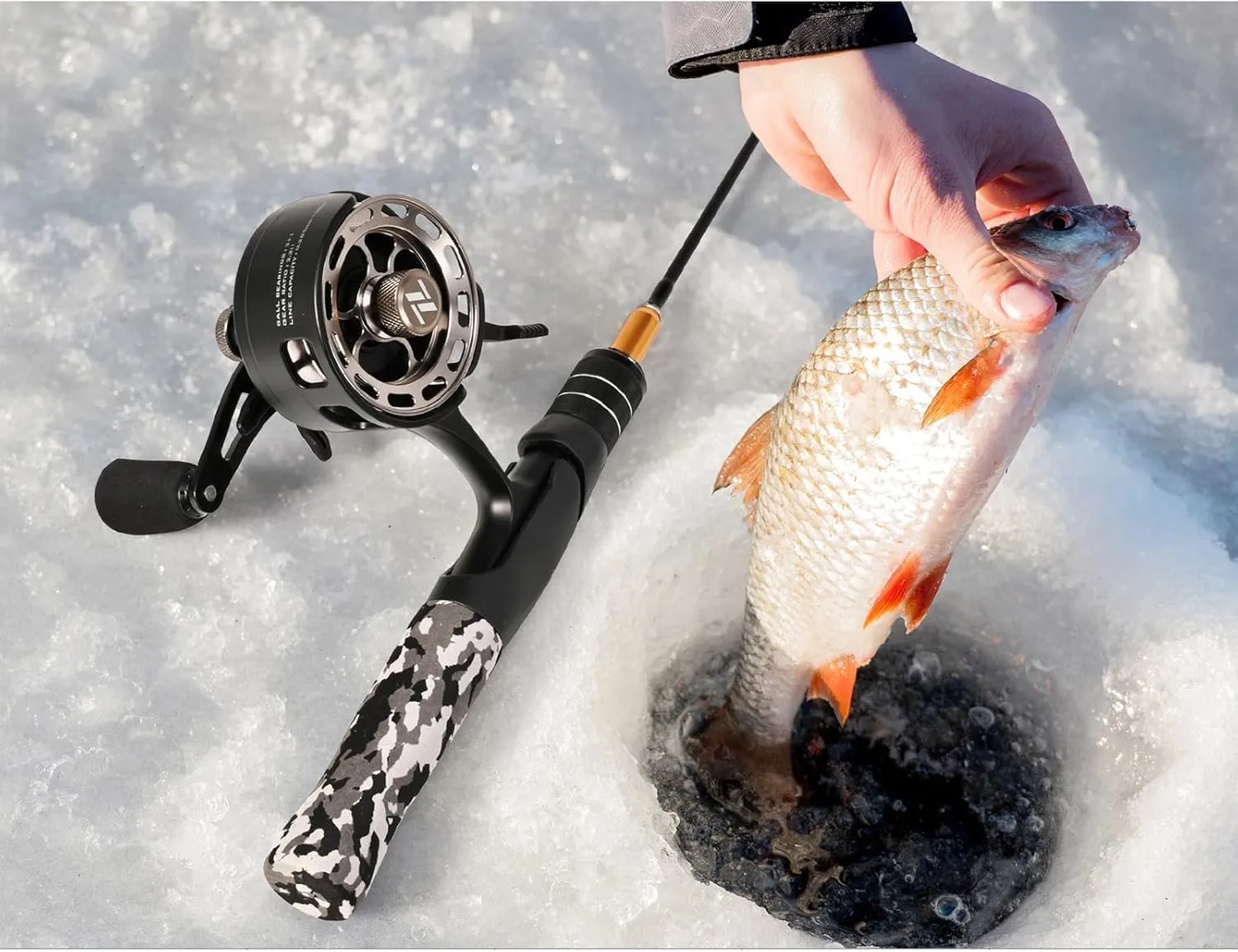 Fishing Reel with 3.2:1 Gear Ratio and Ultra Smooth 3 1 Ball Bearings for ice Fishing, efficient Release Anti Freezing Design, Larger Capacity, Precise Braking System