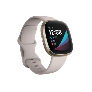 Fitbit Sense Smart watch, GPS (satellite), AMOLED, Touchscreen, Heart rate monitor, Activity monitoring 24/7, Waterproof, Bluetooth, Wi-Fi, Lunar White/Soft Gold Stainless Steel