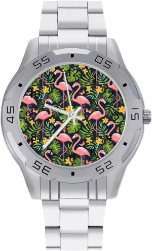 Flamingos Monstera Small Yellow Flower Simple Stainless Steel Band Business Watch Dress Wrist Unique Luxury Work Casual Waterproof Watches