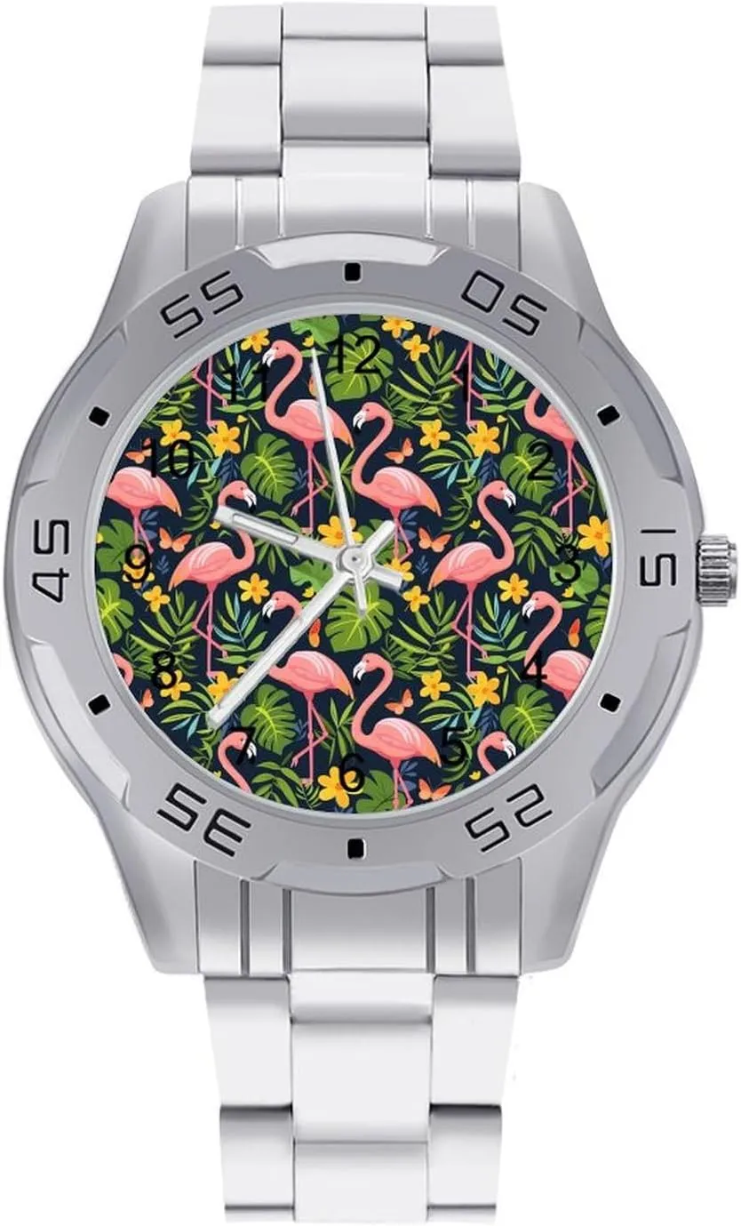 Flamingos Monstera Small Yellow Flower Simple Stainless Steel Band Business Watch Dress Wrist Unique Luxury Work Casual Waterproof Watches