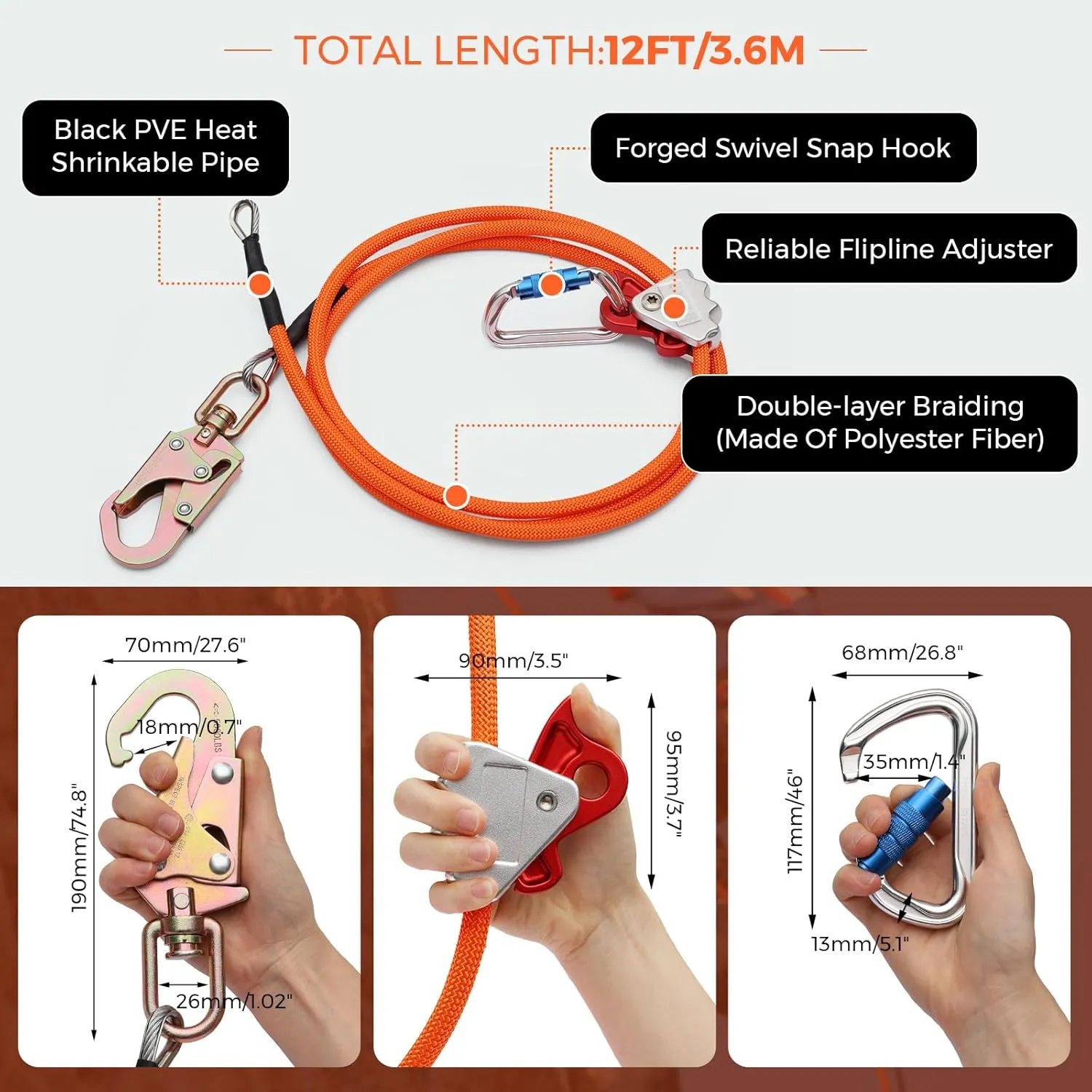 Flip Line Tree Climbing Rope 1/2" X 12ft Steel Core Flipline with Triple Lock Carabiner Adjuster Steel Swivel Snap for Fall Protection,Better Grab,Cut Resistant,Climbing Tree Equipment