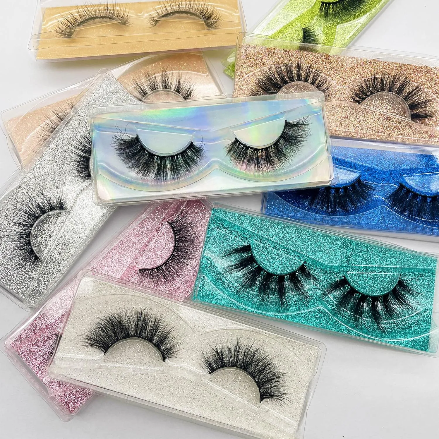 Fluffy Lashes 18mm False Eyelashes 50 Pairs 10 Styles Mixed Natural 9D Faux Mink Lashes Bulk Soft Reusable Fake Eyelashes Wholesale Lash with Glitter Portable Boxes