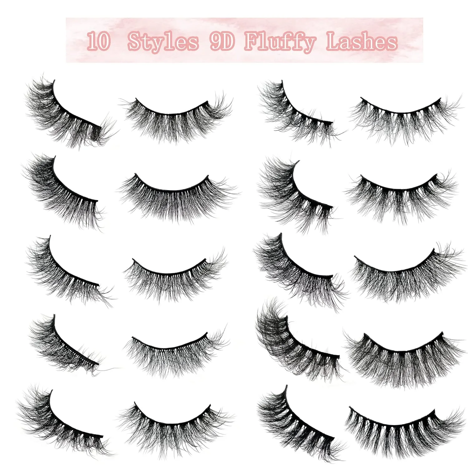Fluffy Lashes 18mm False Eyelashes 50 Pairs 10 Styles Mixed Natural 9D Faux Mink Lashes Bulk Soft Reusable Fake Eyelashes Wholesale Lash with Glitter Portable Boxes