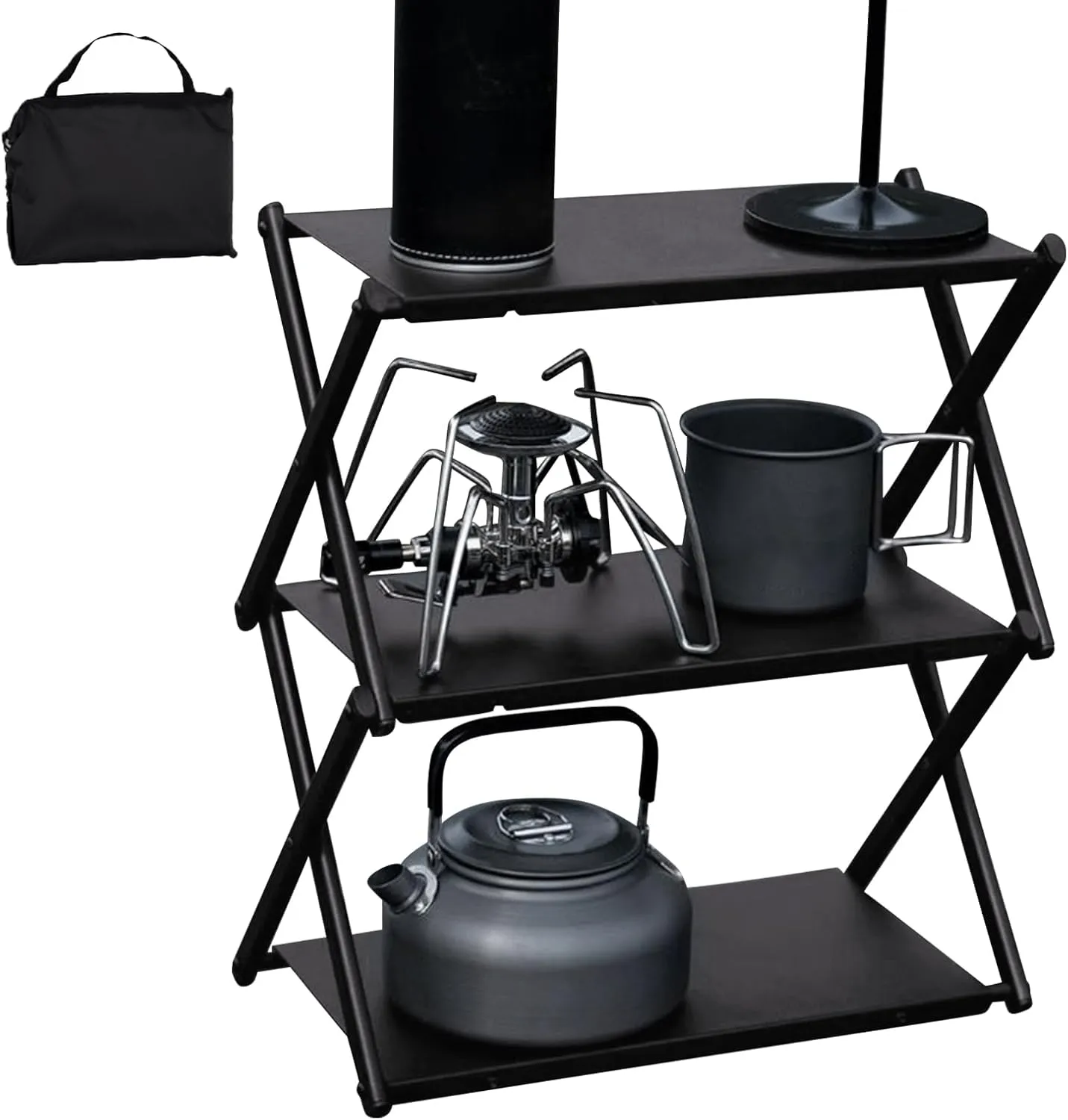 Foldable Camping Table - Outdoor Metal Camping Table Foldable | Compact Three-Layer Rack, Storage Shelves Metal with Storage Bag for Dining Picnic BBQ Fishing Garden