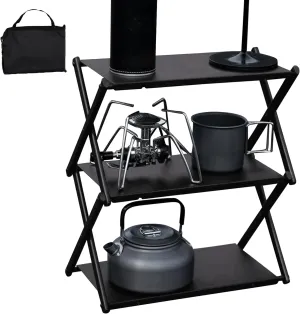 Foldable Camping Table - Outdoor Metal Camping Table Foldable | Compact Three-Layer Rack, Storage Shelves Metal with Storage Bag for Dining Picnic BBQ Fishing Garden